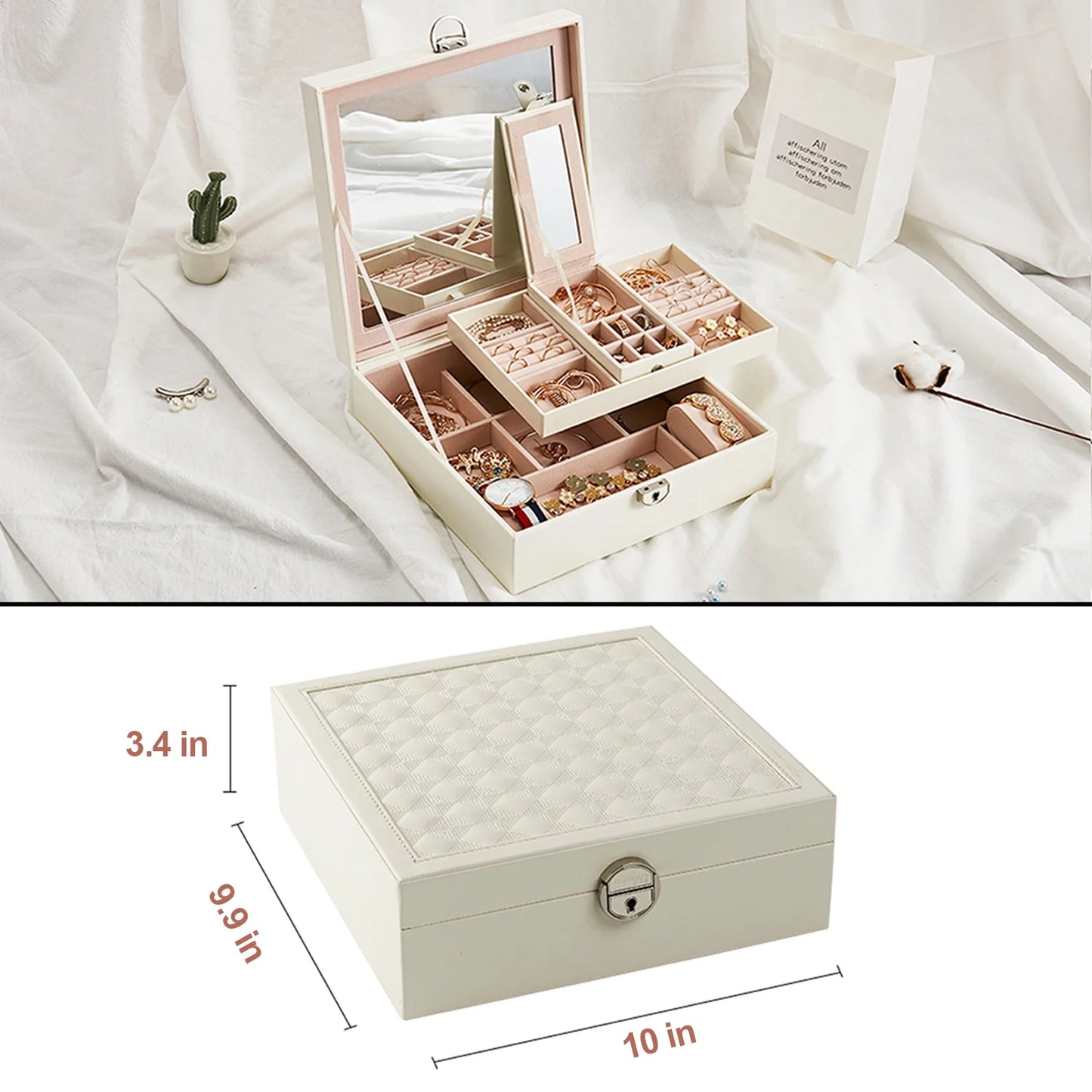 Vesteel Jewelry Box, 2-Layer Jewelry Storage Organizer with Built-in Mirror, Lockable Jewelry Case for Women Girl - White