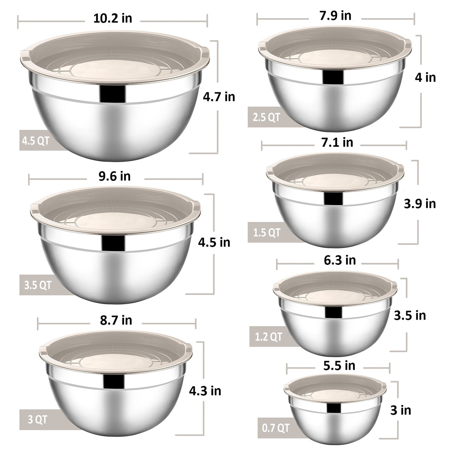 Vesteel 7 PCS Stainless Steel Mixing Bowls, Metal Nesting Salad Bowls with Lids, 4.5/3.5/3/2.5/1.5/1.2/0.7 QT - Khaki