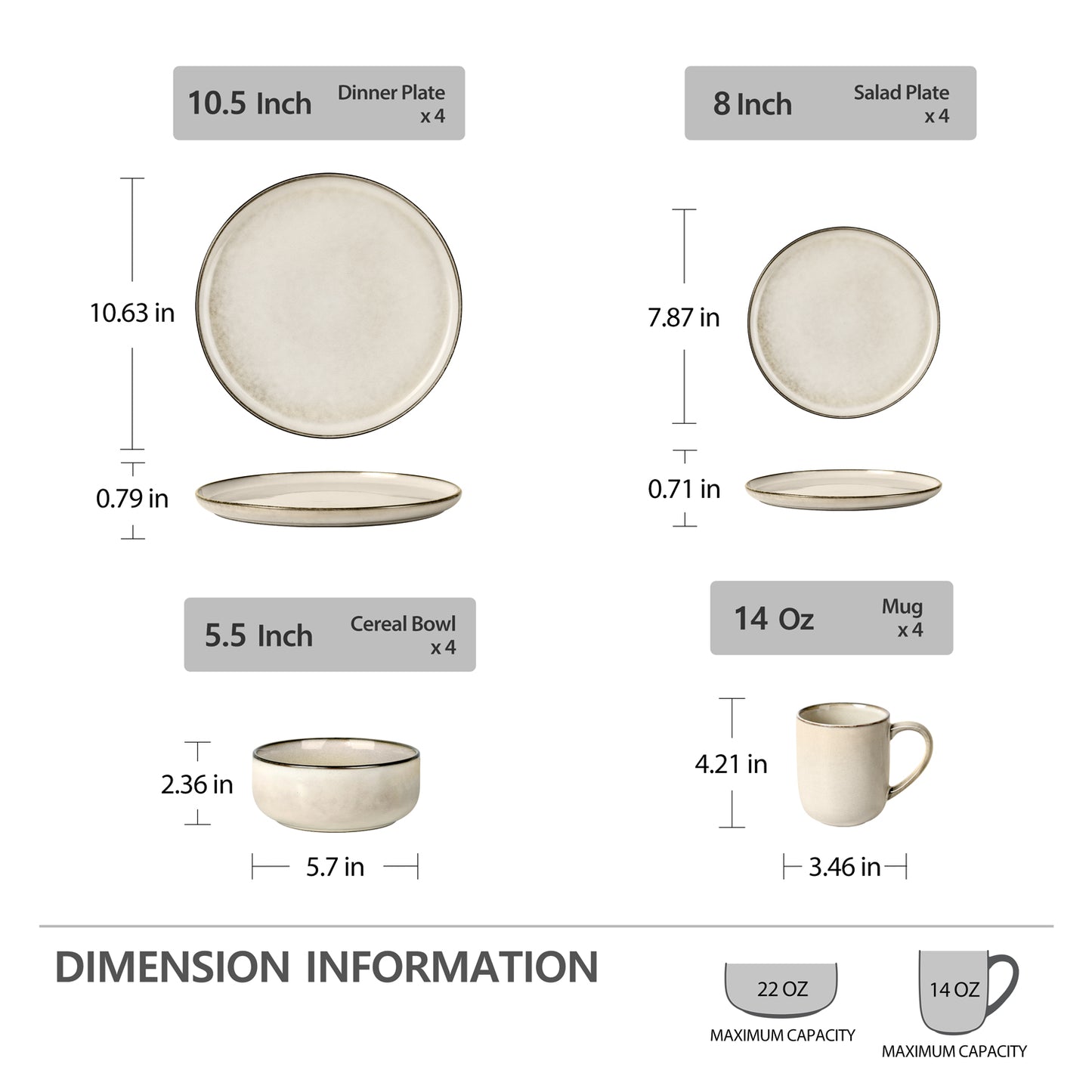 Vesteel Dinnerware Sets for 4, 16-Piece Stoneware Dish and Bowls Set, Handmade Reactive Glaze Coupe Plates Set, Chip & Scratch Resistant - Khaki