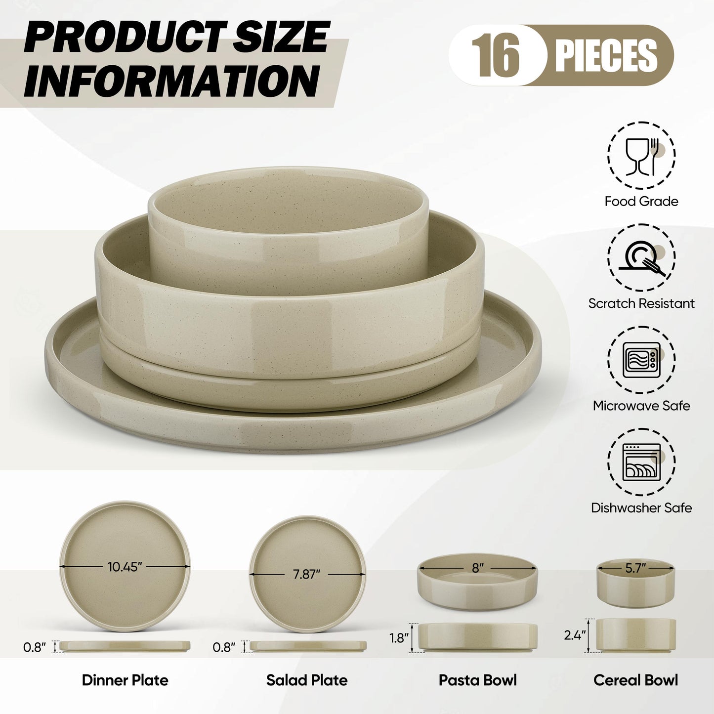 Vesteel 16 Pieces Dinnerware Sets, Premium Stoneware Dishes Set for 4, Speckled Plates and Bowls Set for Home Restaurant, Microwave and Dishwasher Safe - Khaki