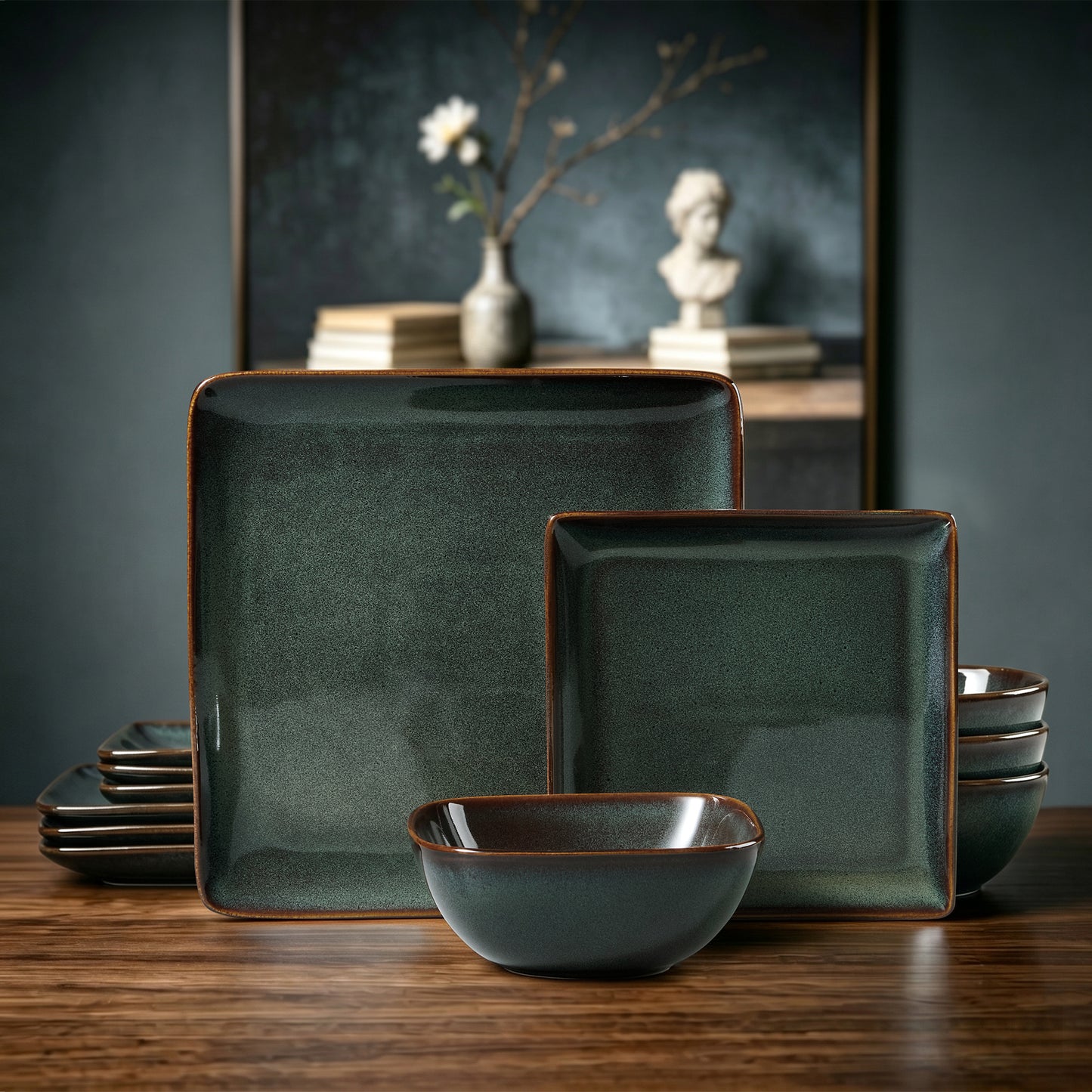 Onader 12 Piece Dinnerware Sets, Reactive Glaze Plates and Bowls Set for 4, Dishes Sets Serve for Steak Salad Soup, Scratch Resistant & Microwave Safe, Blackish Green