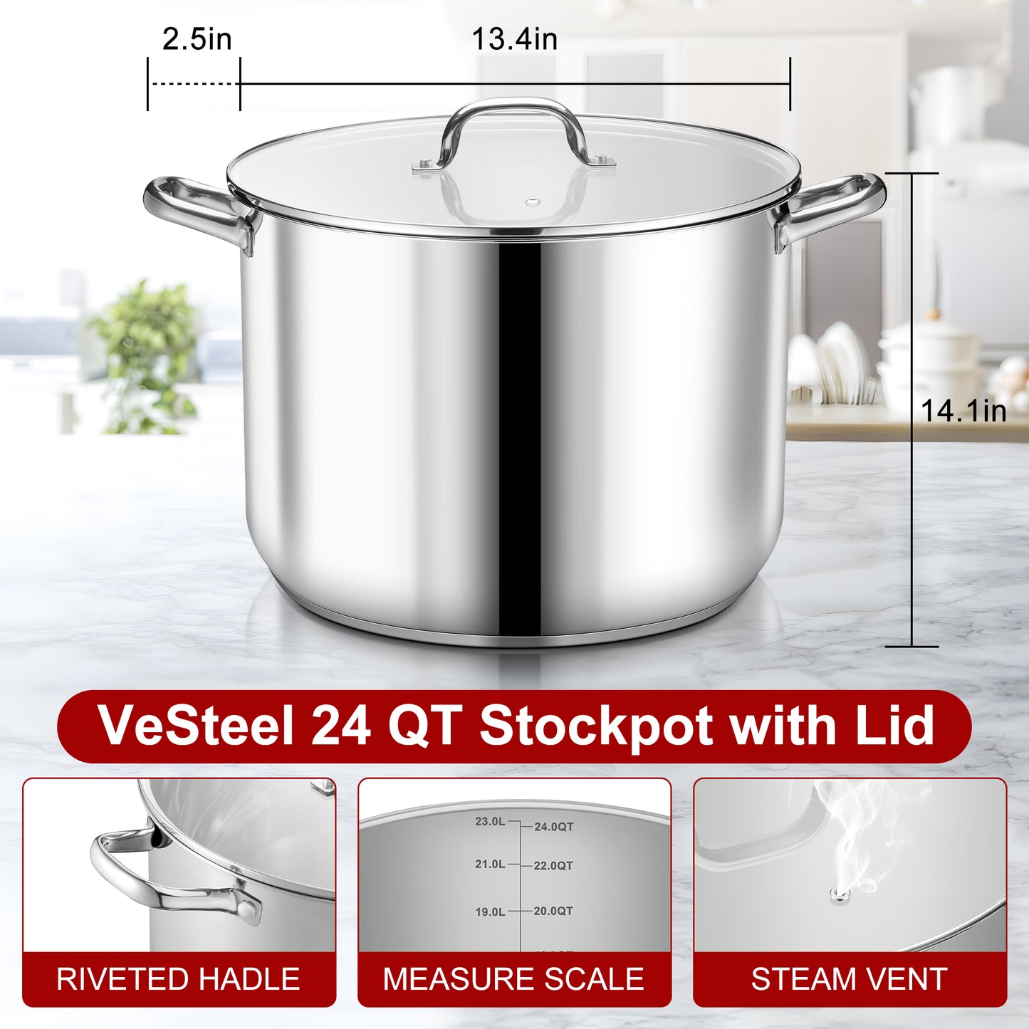 Vesteel 24 QT Stock Pot with Lid, Stainless Steel Large Cookware for Stewing Simmering, Tri-ply Bottom for Induction Gas Electric Stove, Heavy Duty & Food Grade