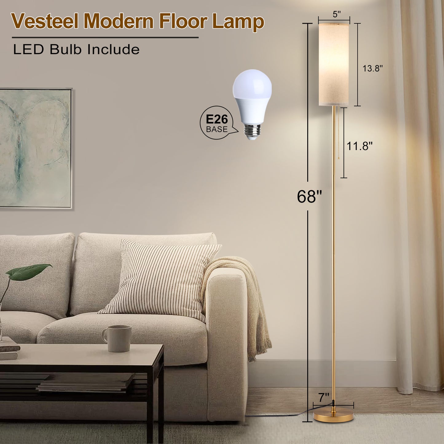 Vesteel Floor Lamp for Living Room, Modern Standing Lamp with 3 Color Temperatures LED Bulb & Linen Lampshade, Pole Lamp for Bedroom Living Room Office, Gold