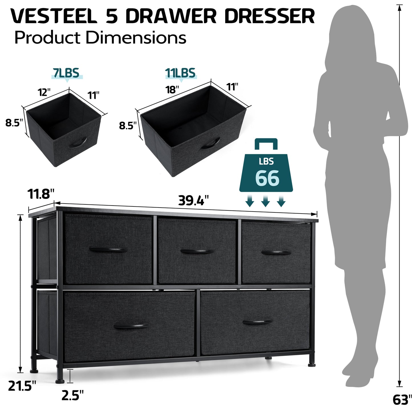 Vesteel 5 Drawers Dresser, Wide Chest of Drawers Fabric Dresser with Wood Top and Sturdy Steel Frame, Storage Organizer Unit for Closet, Living Room, Hallway - Black