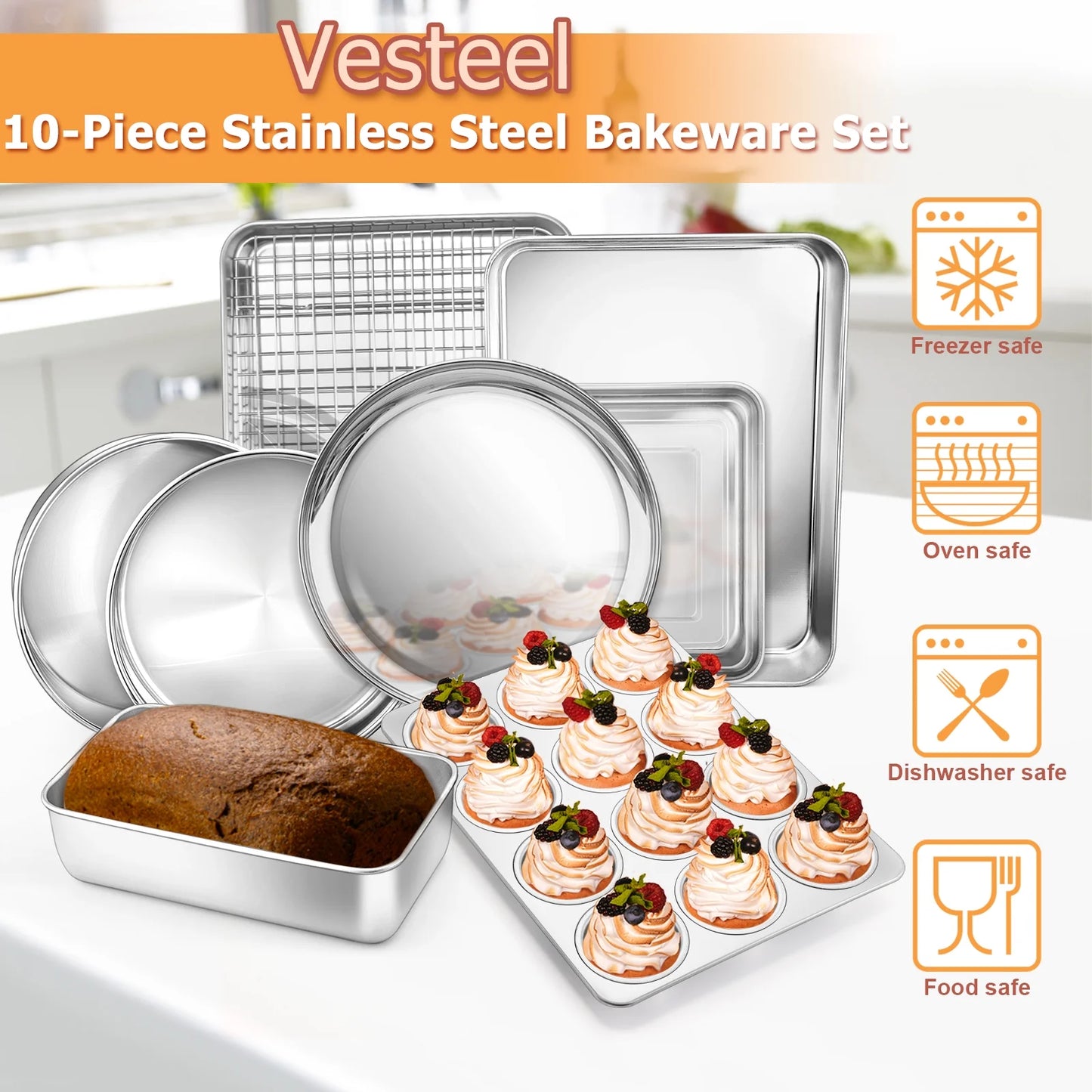 10 Piece Baking Pans Set, Vesteel Stainless Steel Bakeware Set for Oven, Include Cake Pan/Baking Cookie Sheet/Pizza/Muffin/Loaf Pan, Non-Toxic & Heavy Duty, Dishwasher Safe