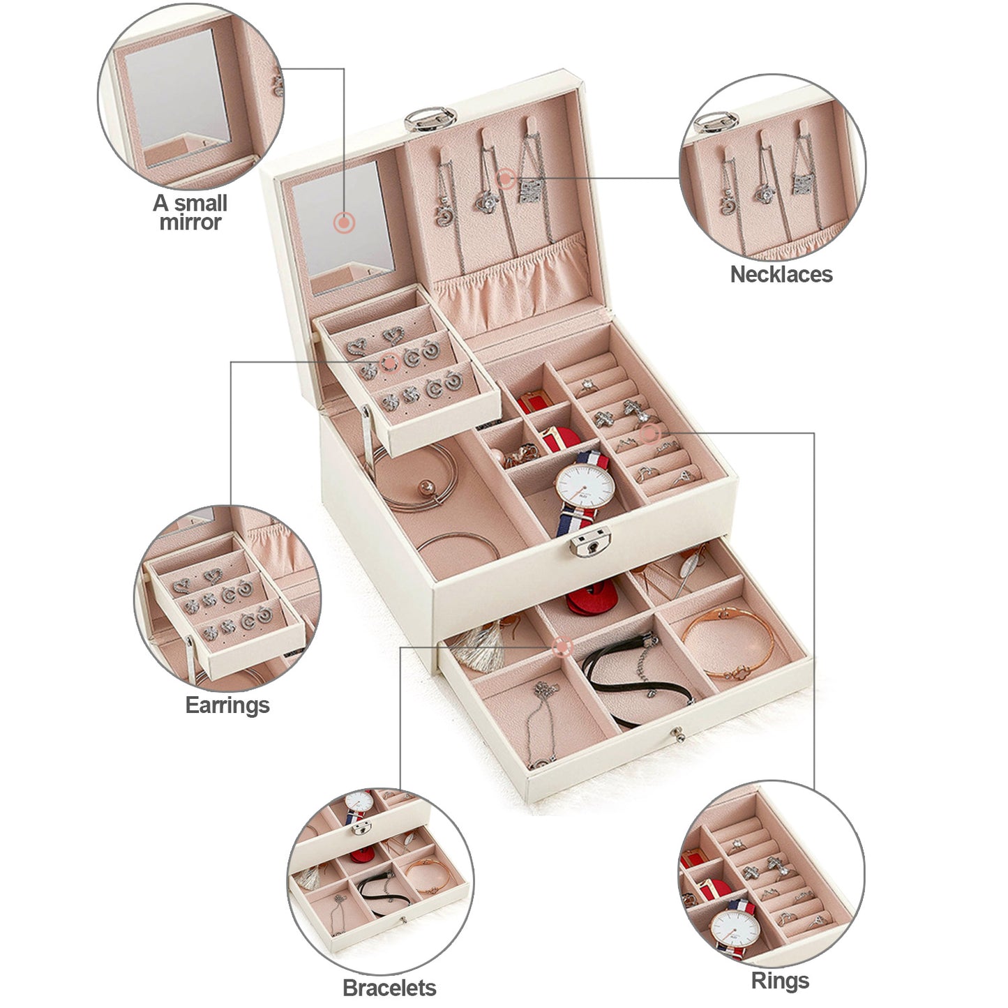 Vesteel Jewelry Box, 2-Layer Leather Jewelry Storage Organizer with Lock Drawer Built-in Mirror, Jewelry Case for Rings Necklaces Earrings Watches - White