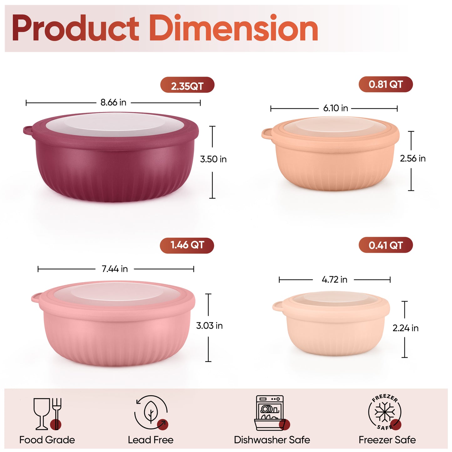 Vesteel 8Pcs Mixing Bowl Set with Lids, Nesting Plastic Bowls for for Mixing Serving Preparing Storage, Kitchen Prep Bowls, Dishwasher Safe, Rose