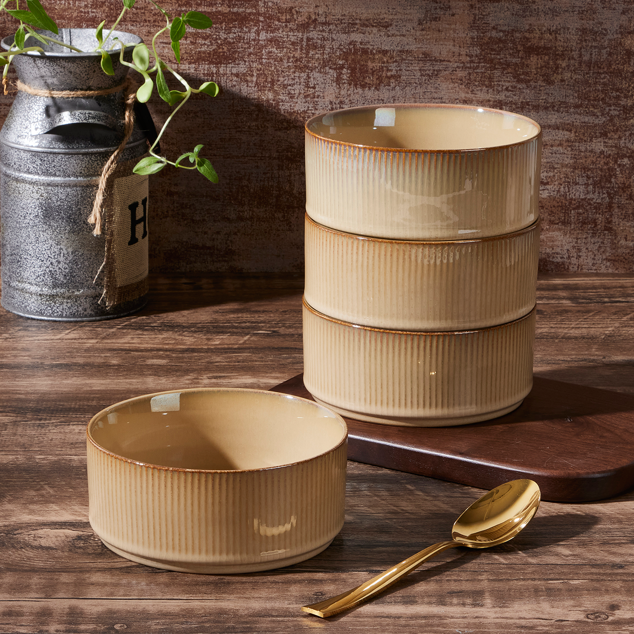 Vesteel Cereal Bowl for 4, 26oz Stoneware Soup Bowls with Textured Stripes, 4-Piece Ceramic Kitchen Bowls for Salad Fruit Pasta Soup, Dishwasher Safe & Microwave Safe, Khaki