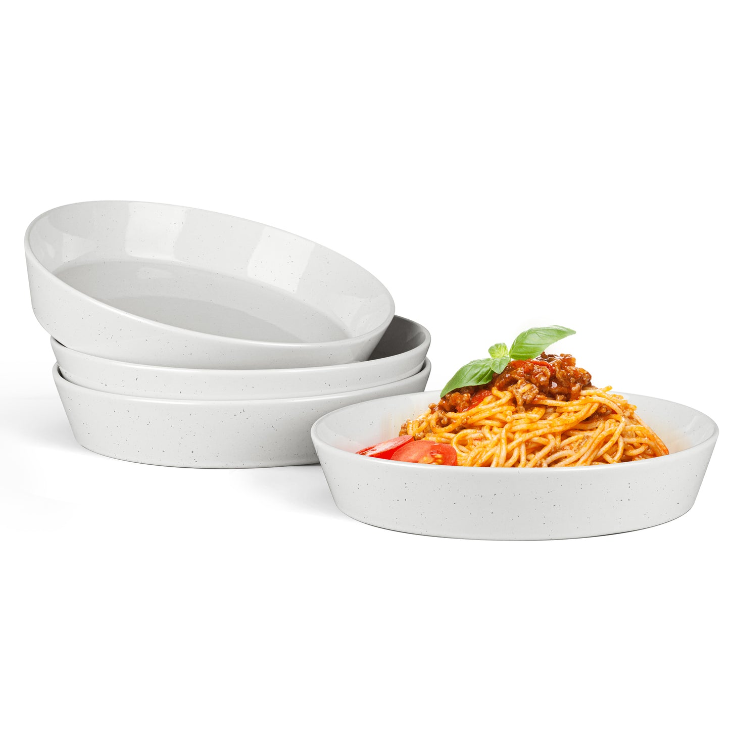 Vesteel Pasta Bowls Set of 4, 34oz Salad Plates for Home Kitchen, Stackable Large Wide Ceramic Bowls for Serving Dinner, Microwave & Dishwasher Safe, Speckled White