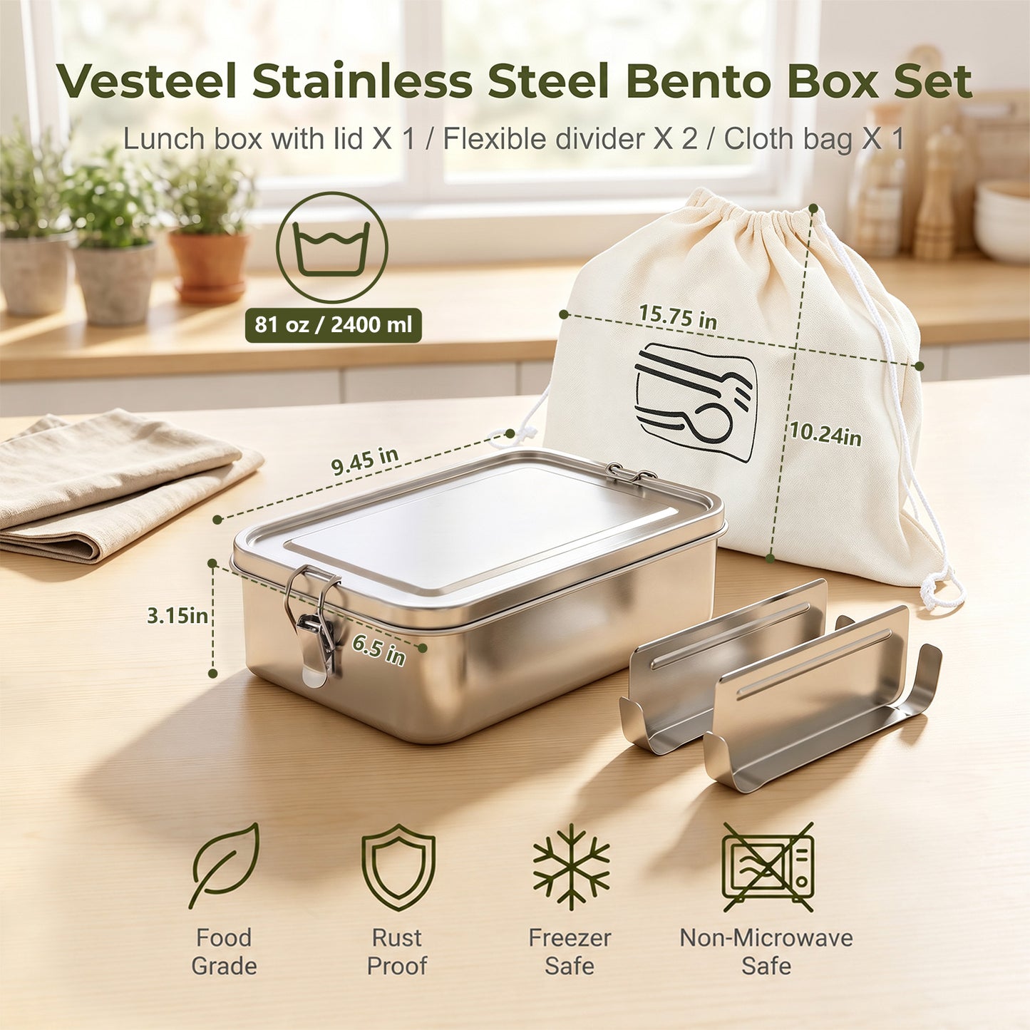 Vesteel Stainless Steel Bento Box, 2400ml 81oz Lunch Box with 2 Dividers, Leak-Proof Lunch Container with Bag, 3 Compartments Food Containers for School Office, Dishwasher Safe