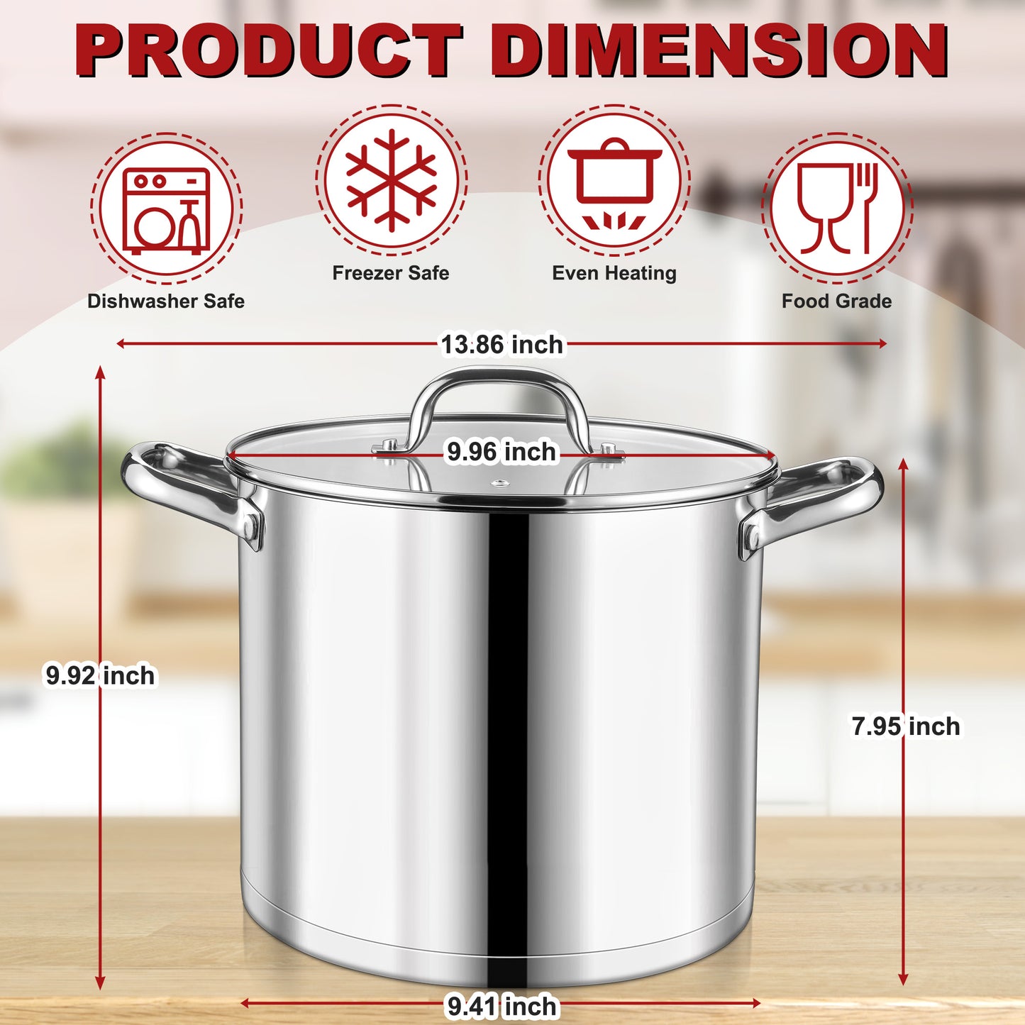 Vesteel 10 QT Stock Pot with Lid, 3 Tri-ply Stainless Steel Cooking Pot for Induction Gas Electric Stove, Big Stockpot for Cooking Soup Spaghetti, Dishwasher Safe