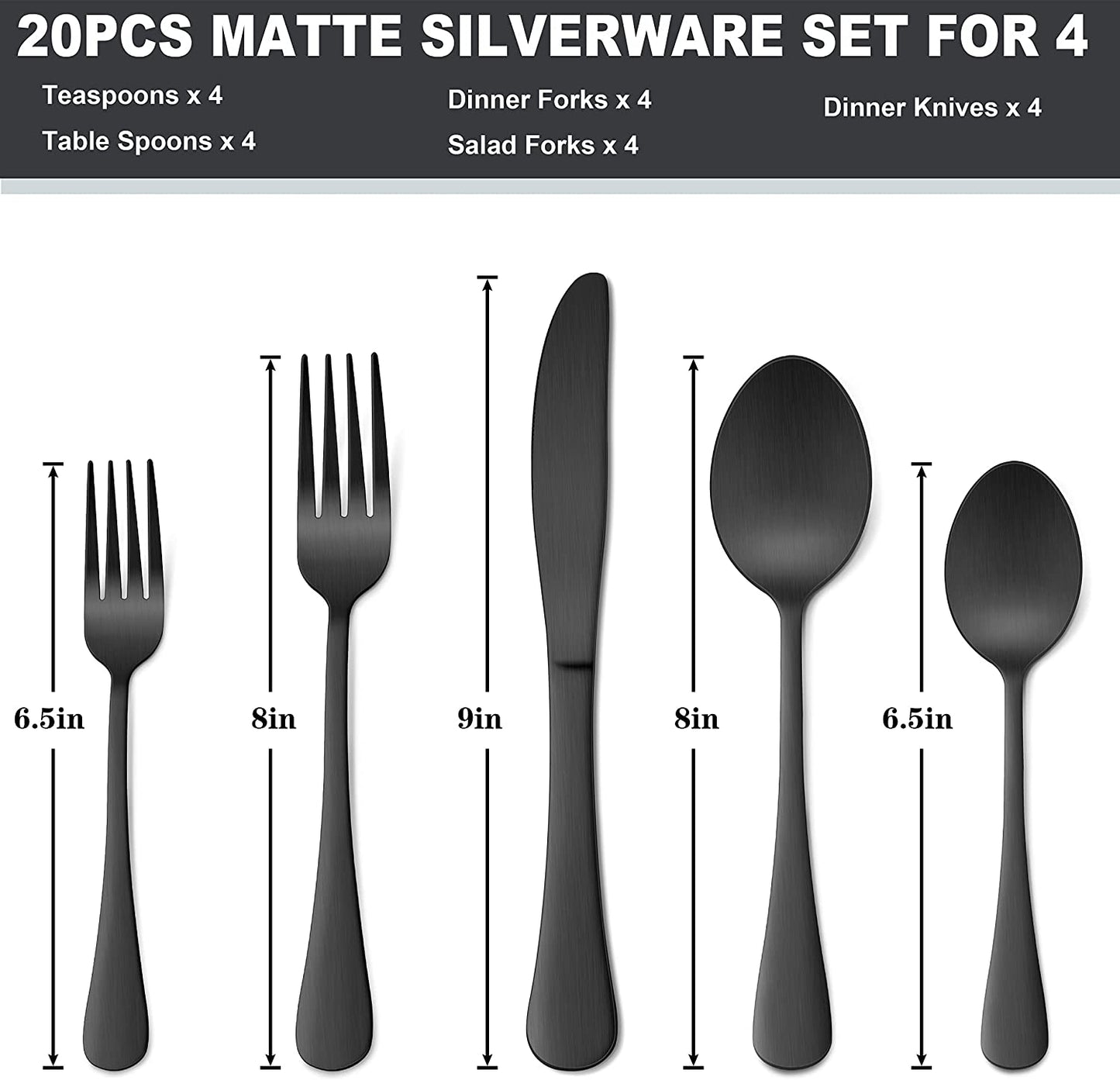 Vesteel 20 Piece Stainless Steel Matte Black Silverware Flatware Cutlery Set for 4, Satin Finish & Dishwasher Safe