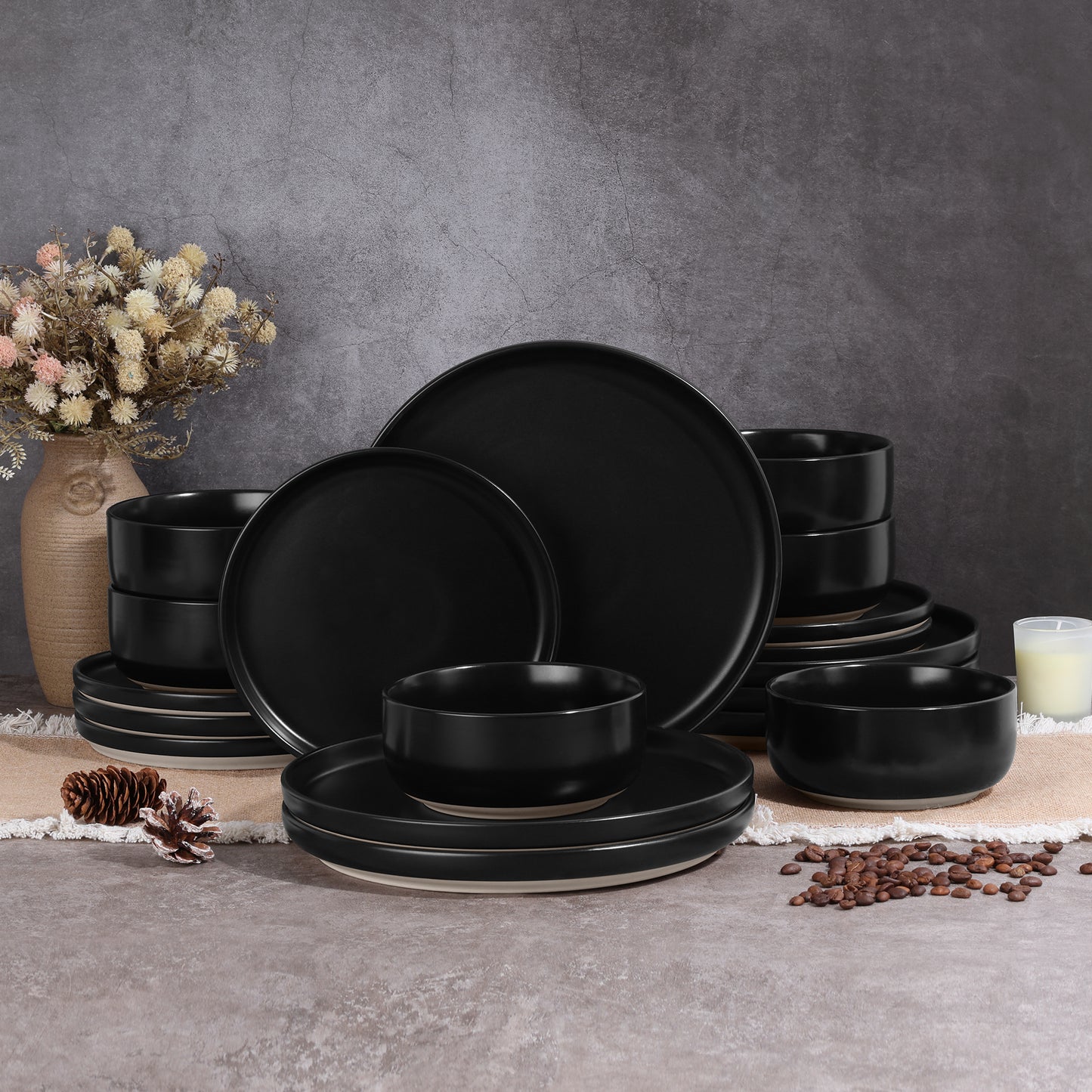 Vesteel 18-Piece Dinnerware set, Ceramic Plates and Bowls set for 6, Speckled Stoneware Dishes Set for Family, Microwave & Dishwasher Safe - Matte Black