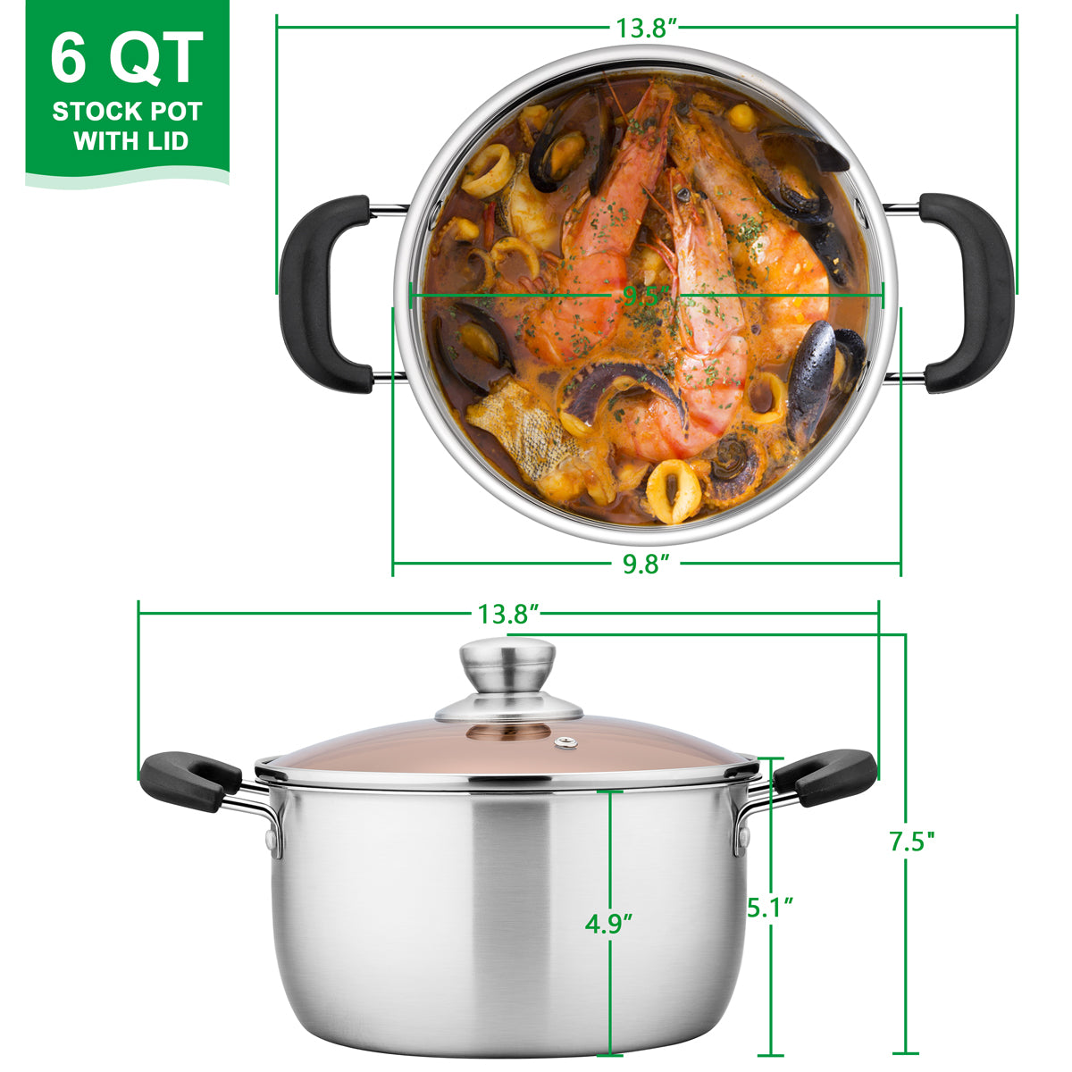 Vesteel 6 Quart Stock Pot, 18/10 Stainless Steel Metal Pasta Soup Pot with Glass Lid for Cooking, Double Heat-Proof Handles, Heavy Duty & Dishwasher Safe