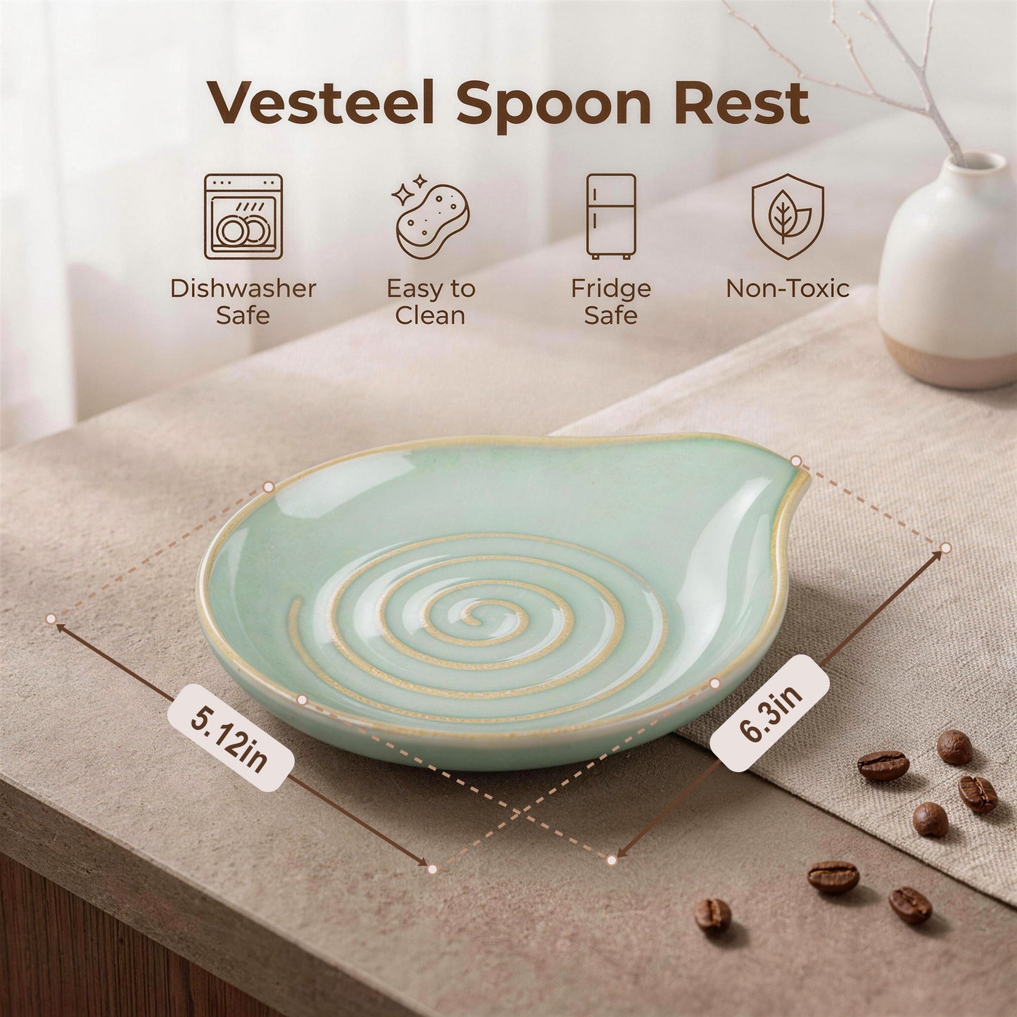 Vesteel Ceramic Spoon Rest, 5.1 inch Kitchen Teardrop Spoon Holder for Countertop, Utensil Rest for Spatula Ladle Tongs, Stove Top Spoon Tray, Heat-Resistant & Dishwasher Safe, Sage Green
