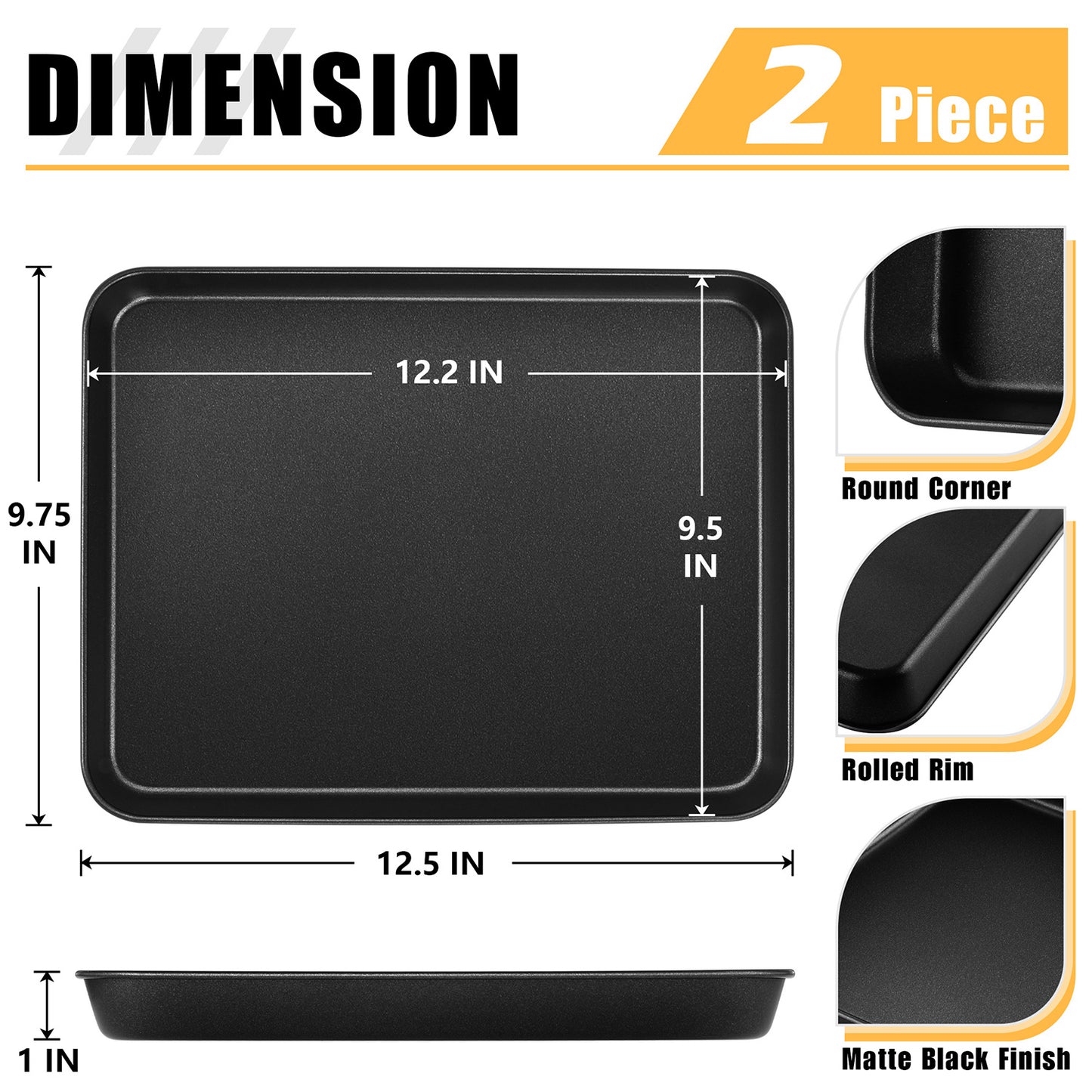 Vesteel Cookie Sheet for Baking Set of 2, Nonstick Carbon Steel Rectangle Baking Pan Oven Tray - 12.5 x 9.75 x 1 inches