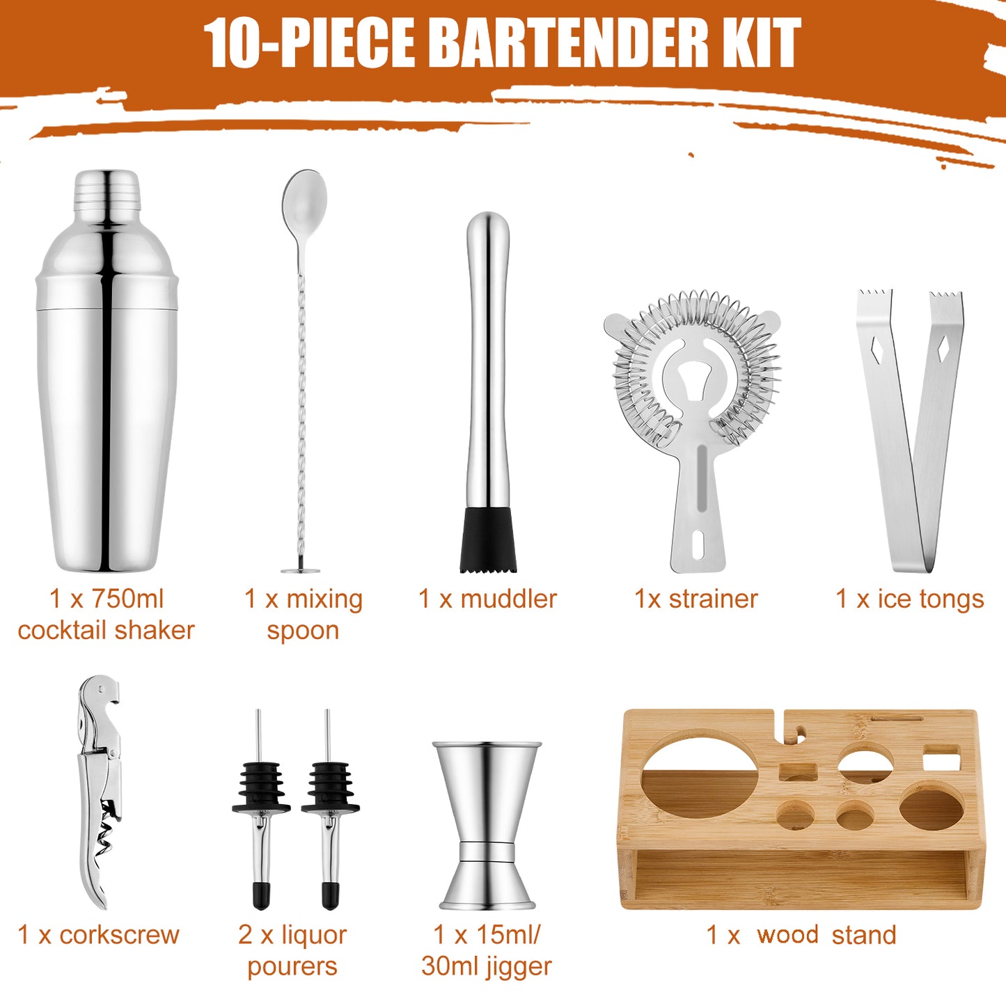 Vesteel Cocktail Shaker Set, 10Pcs Mixology Bartender Kit with Bamboo Stand, Bar Tool Set for Cocktail with Shaker, Jigger & Muddler, Bar Set, Silver
