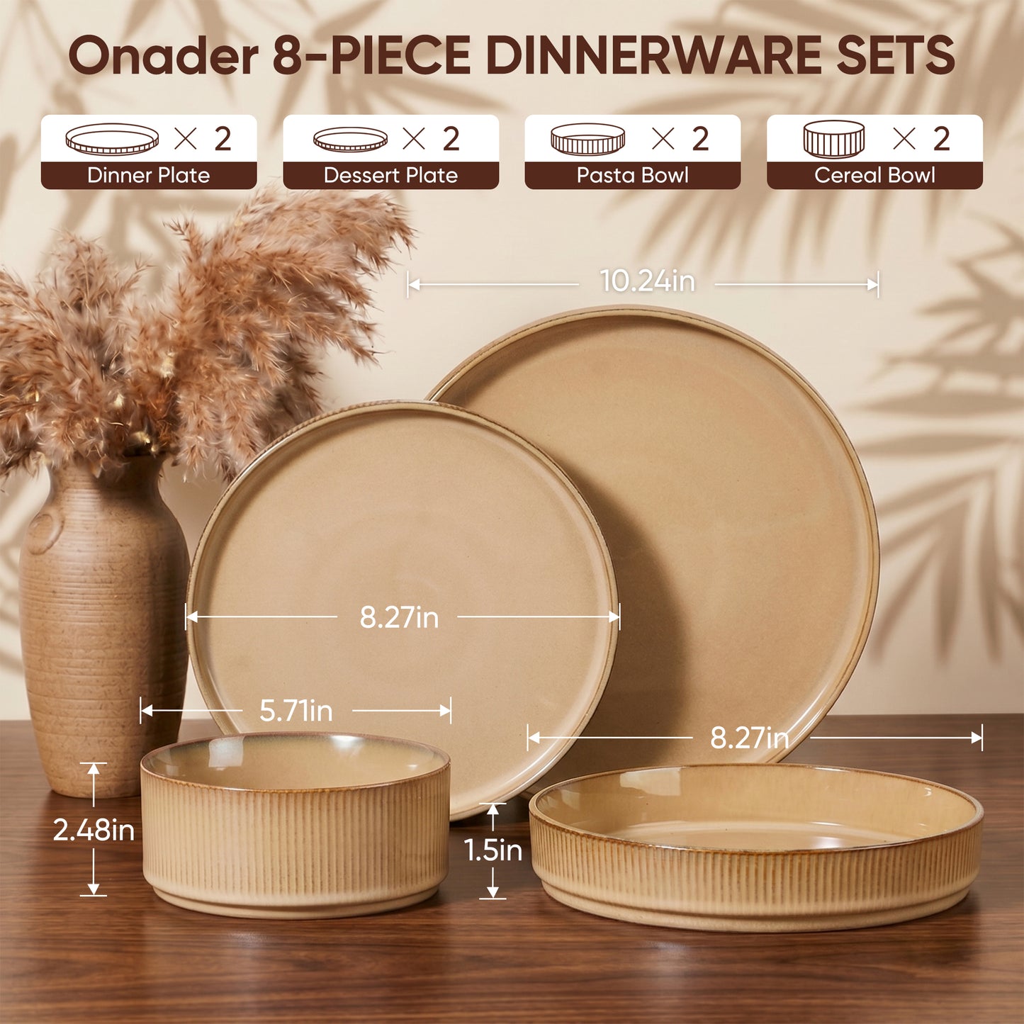 Onader 8-Piece Stoneware Dinnerware Set, Vertical Striped Reactive Glaze Plates and Bowls Sets for the Kitchen, Microwave & Dishwasher Safe, Khaki