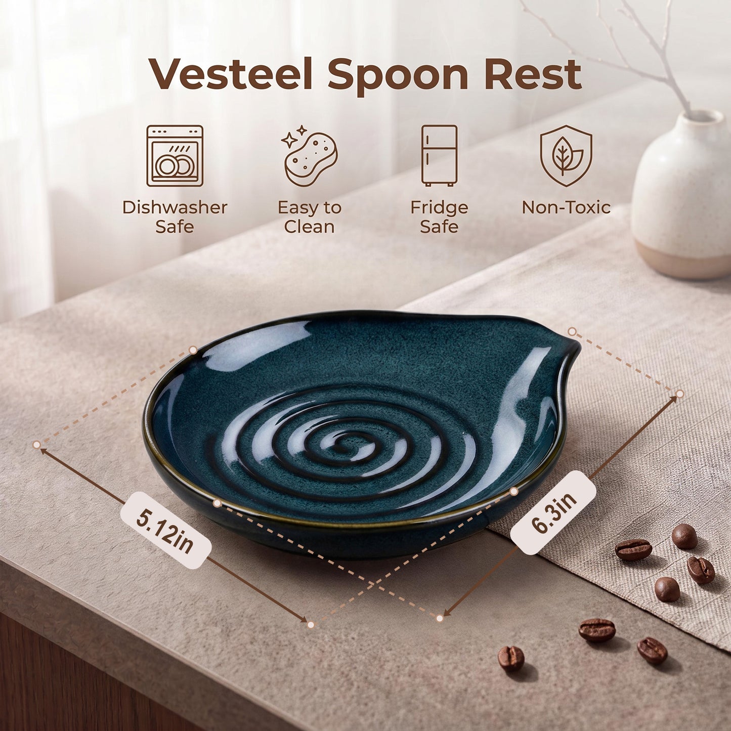 Vesteel Ceramic Spoon Rest, 5.1 inch Kitchen Teardrop Spoon Holder for Countertop, Utensil Rest for Spatula Ladle Tongs, Stove Top Spoon Tray, Heat-Resistant & Dishwasher Safe, Ocean Blue