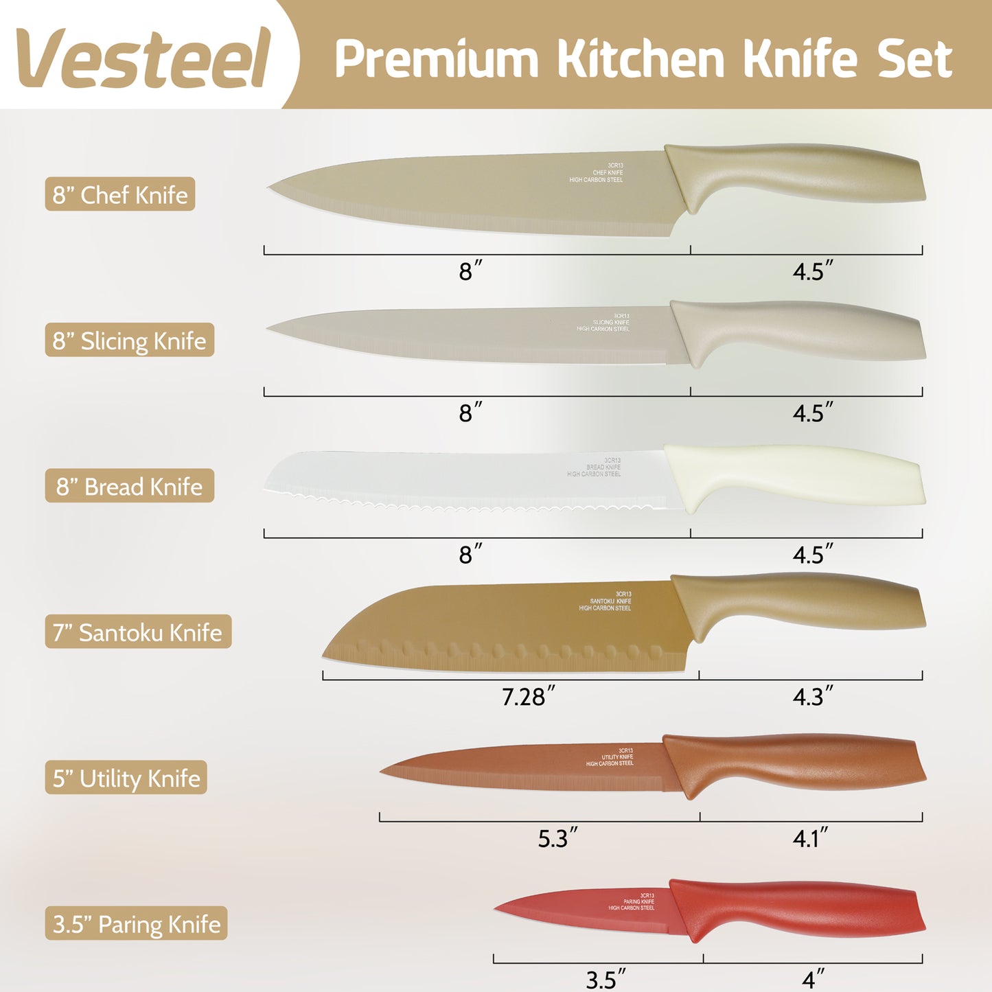 Vesteel 12-Piece Kitchen Knife Set, Stainless Steel Knives Set with Blade Guard & Nonstick Coating
