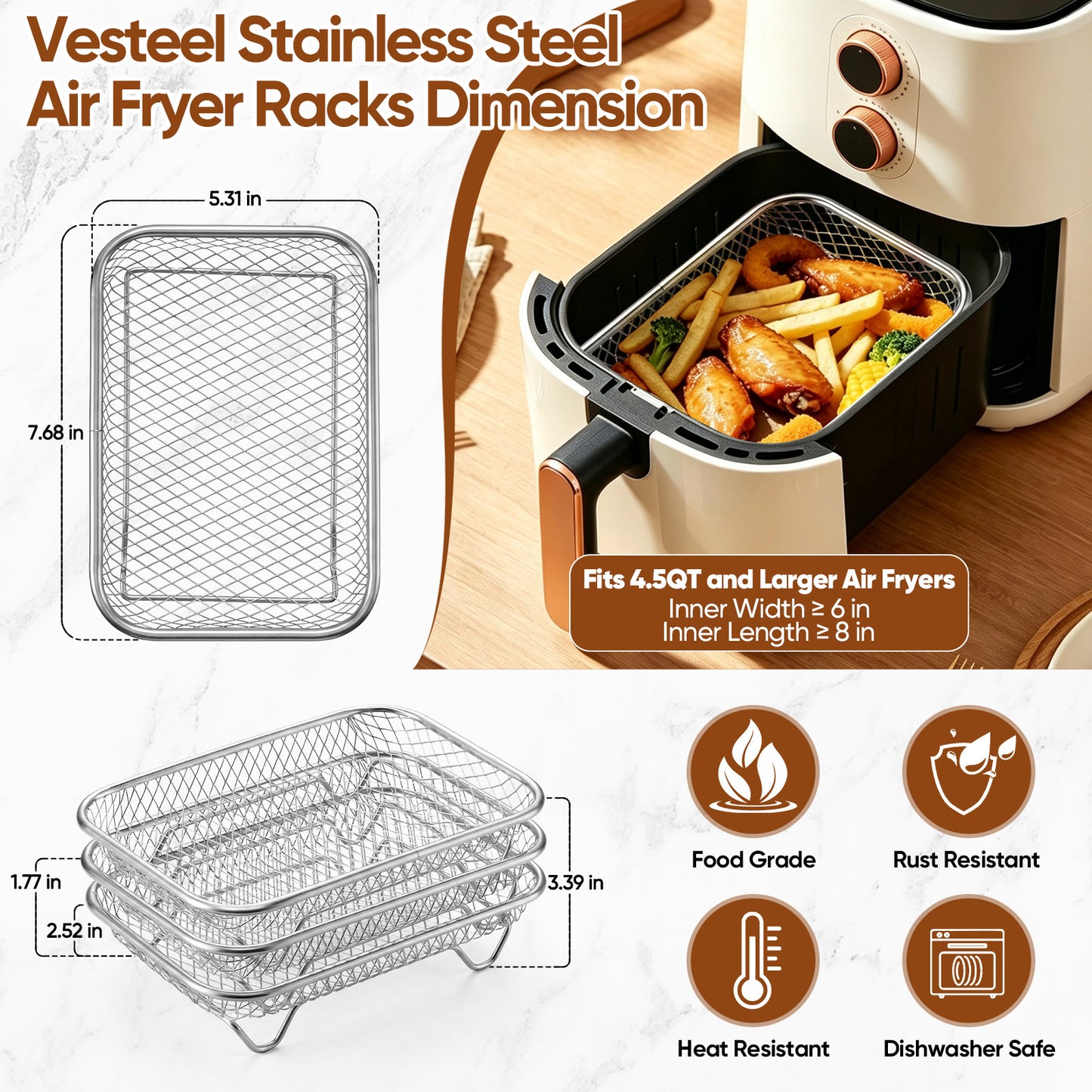 Vesteel Rectangular Air Fryer Racks, 3 Tier Stackable Air Fryer Basket Accessories, 7.7” x 5.3” Dehydrator Rack for Air Fryer Steamer Oven, Fits 4.5 -10 QT Air Fryer, Dishwasher Safe