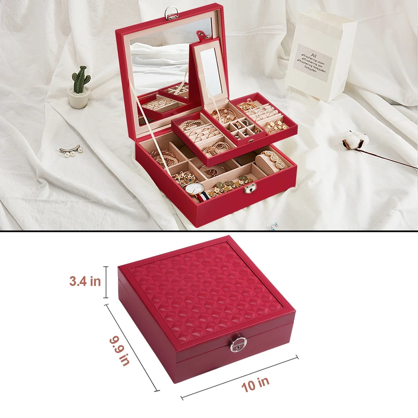 Vesteel Jewelry Box, 2-Layer Jewelry Storage Organizer with Built-in Mirror, Lockable Jewelry Case for Women Girl - Red