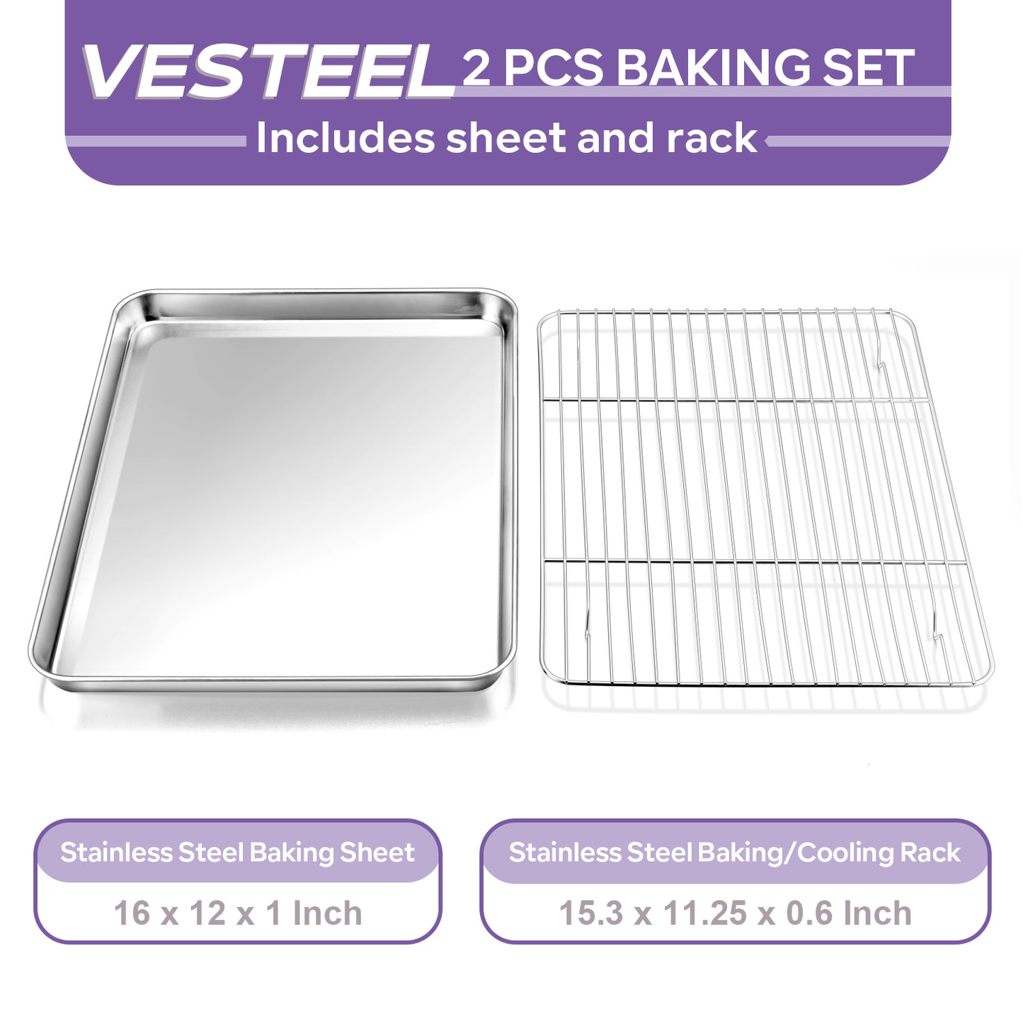Vesteel 16 inch Stainless Steel Baking Sheet with Rack Set, Cookie Sheet Baking Pan Tray with Cooling Rack
