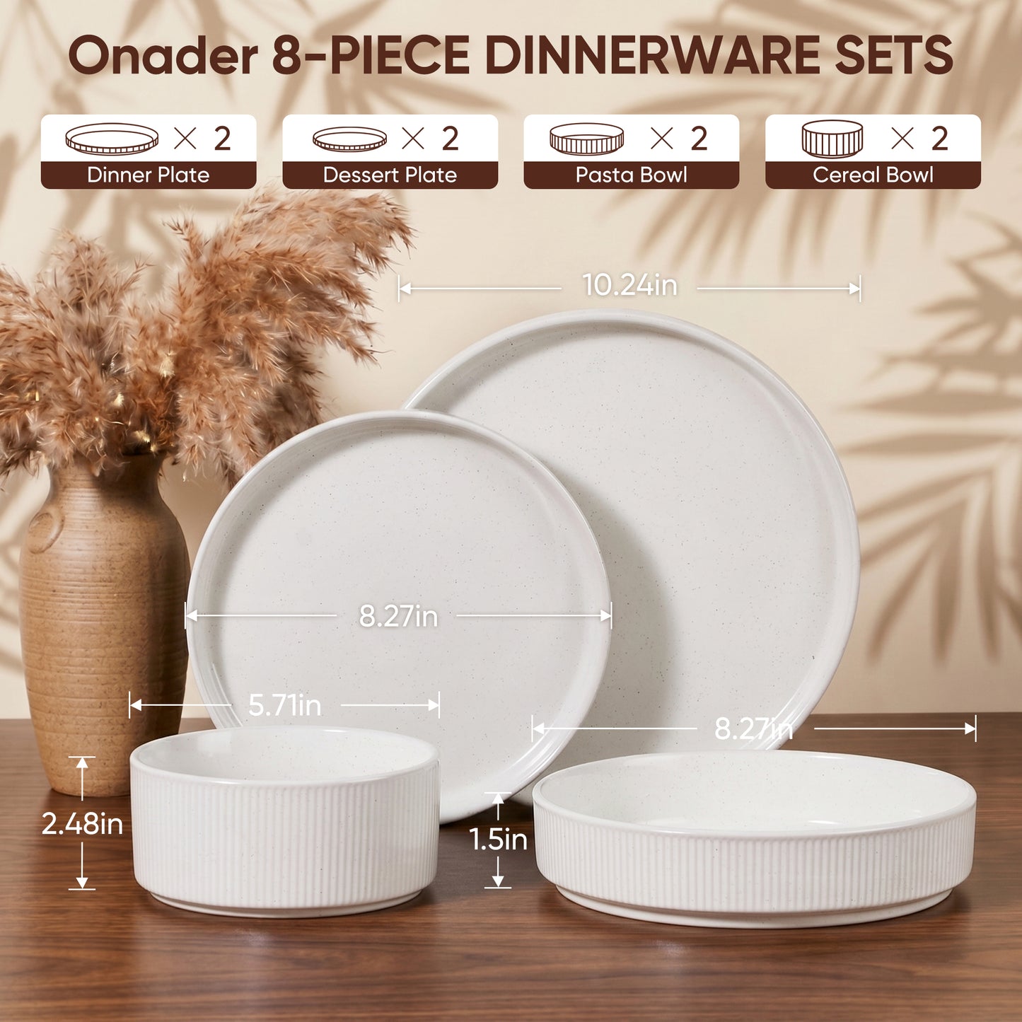 Onader 8-Piece Stoneware Dinnerware Set, Speckled Plates and Bowls Sets for Restaurant Kitchen Microwave & Dishwasher Safe, Speckle White