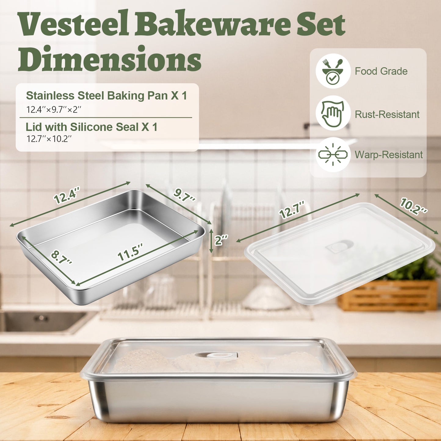 Vesteel Baking Pan With Lid, Stainless Steel Lasagna Pan with Cover, Rectangular Toaster Oven Pan for Cake Brownies Casseroles, 2 Inch Deep Side & Dishwasher Safe, 12.4’’ X 9.7’’