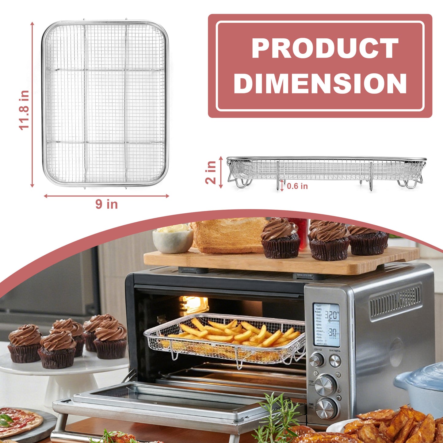 Vesteel Stainless Steel Air Fryer Basket Set of 2, 11.8" x 9" Oven Crisper Basket for Baking, Roasting & Healthy Cooking, Dishwasher Safe