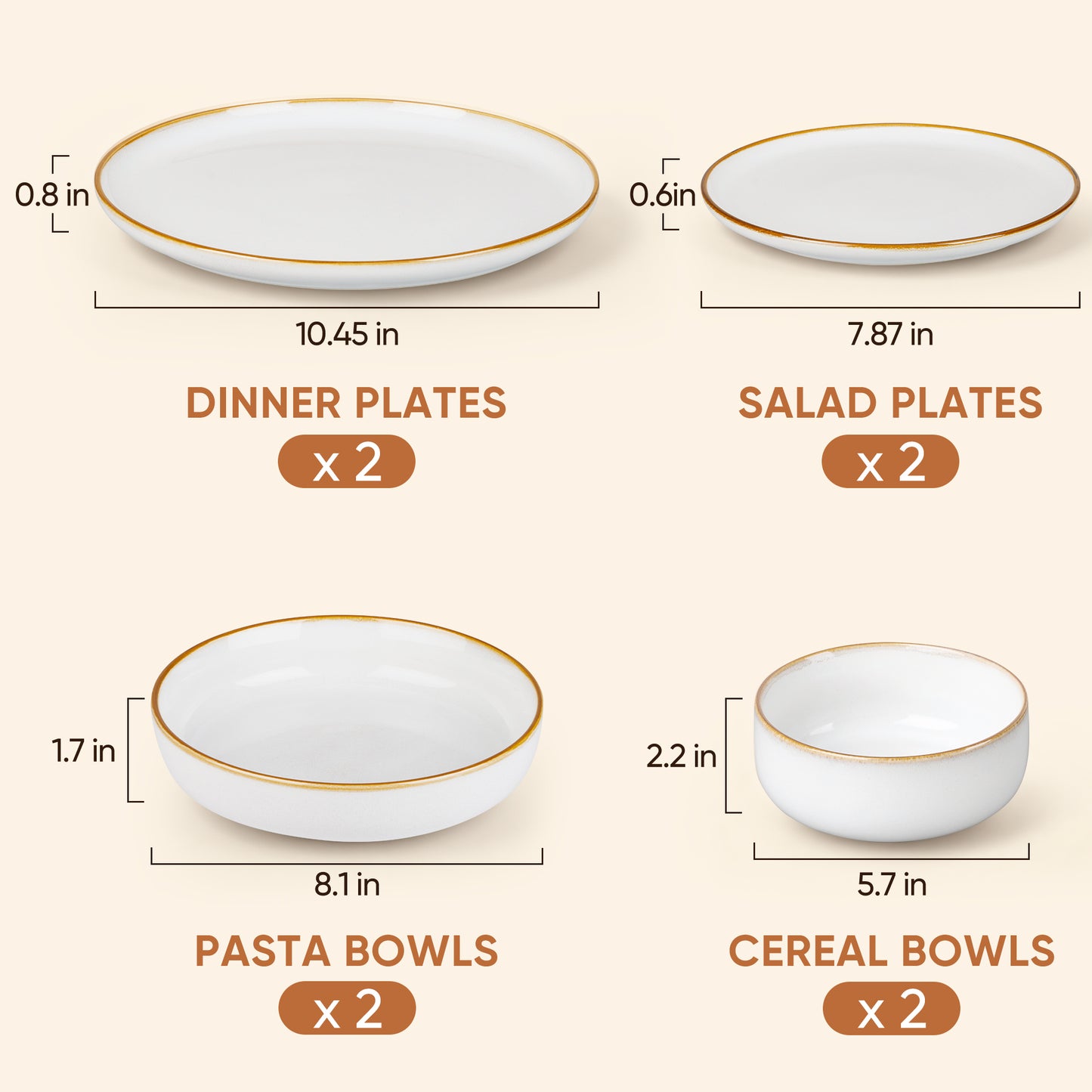 Onader 8-Piece Dinnerware Set, Ceramic Plate and Bowls Set for 2, Double Reactive Glaze Stoneware Dishware for Kitchen Restaurant, Microwave & Dishwasher Safe - Seashell White