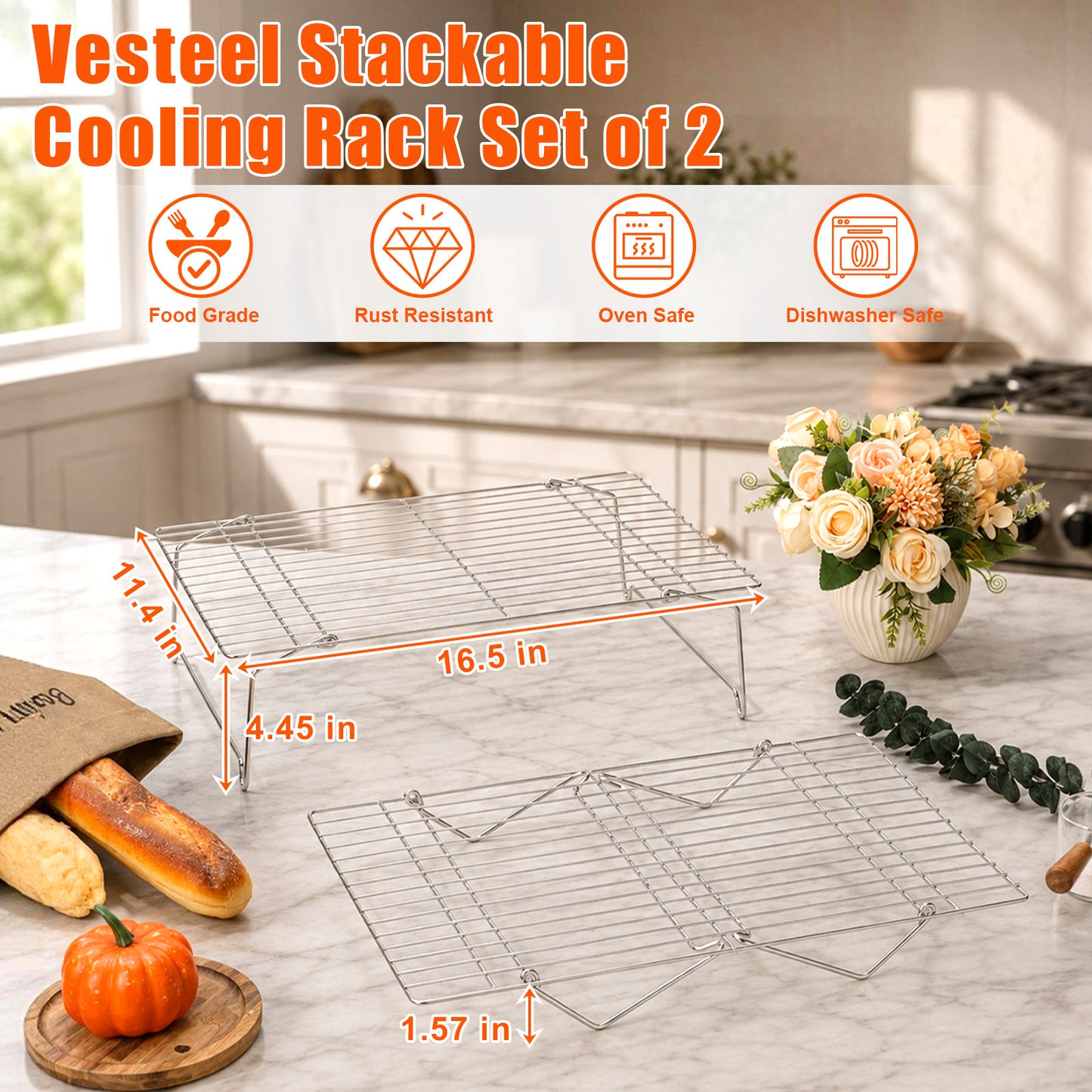 Vesteel 2-Tier Stainless Steel Cooling Racks, Stackable Baking Cooking Racks for Bread Cookie Cakes, Wire Racks with Folding Legs, Oven & Dishwasher Safe, 16.5’’ x 11.4’’