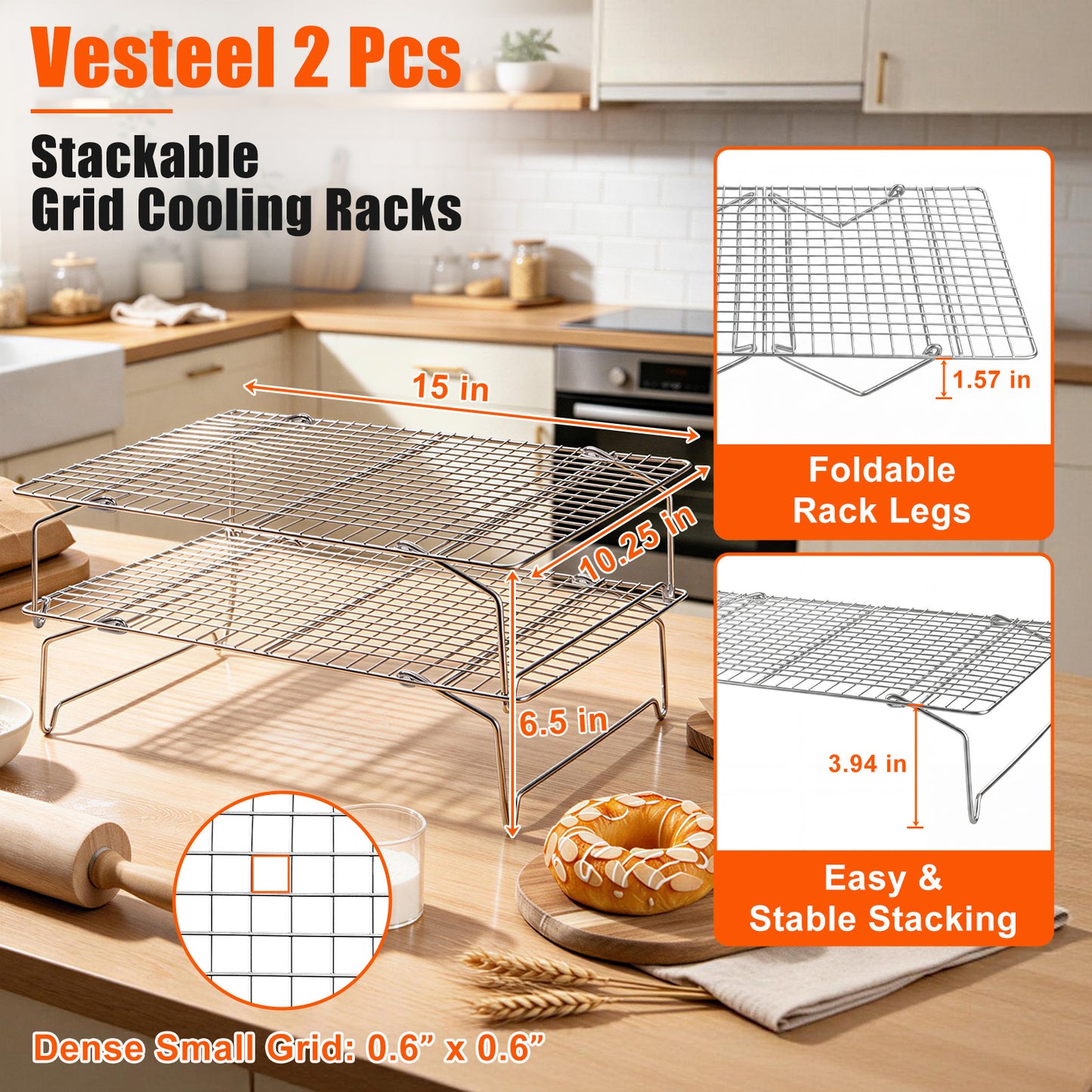 Vesteel 2-Tier Cooling Racks, Stainless Steel Stackable Grid Baking Racks, Collapsible Wire Racks for Cooking Grilling Roasting, Oven & Dishwasher Safe, 15’’ x 10’’