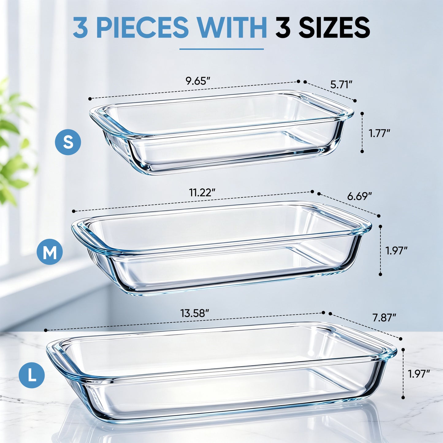 Vesteel 3-Piece Glass Baking Dish Set, Rectangular Baking Tray with Handles, Non-Stick Kitchen Bakeware Set Casserole Dishes for Prepping and Baking, Heat-Resistant & Oven Freezer Dishwasher Safe