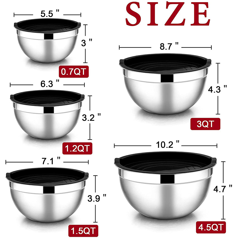 Mixing Bowls with Lids Set of 5, Vesteel Stainless Steel Mixing Bowls Metal Nesting Salad Bowls, Size 4.5, 3, 1.5, 1, 0.7 QT Great for Cooking, Baking, Serving - Black