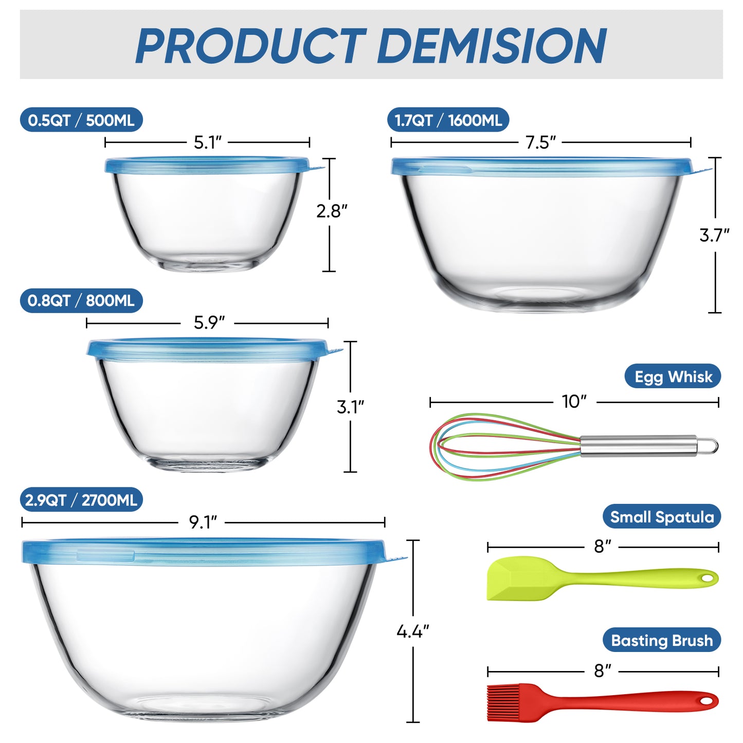 Vesteel Glass Mixing Bowls with Lids Set of 7(0.5QT, 0.8QT, 1.7QT, 2.9QT), Clear Salad Bowls with Egg Whisk Spatula Basting Brush, Nesting Food Prep Bowls for Baking Cooking Serving, Dishwasher Safe