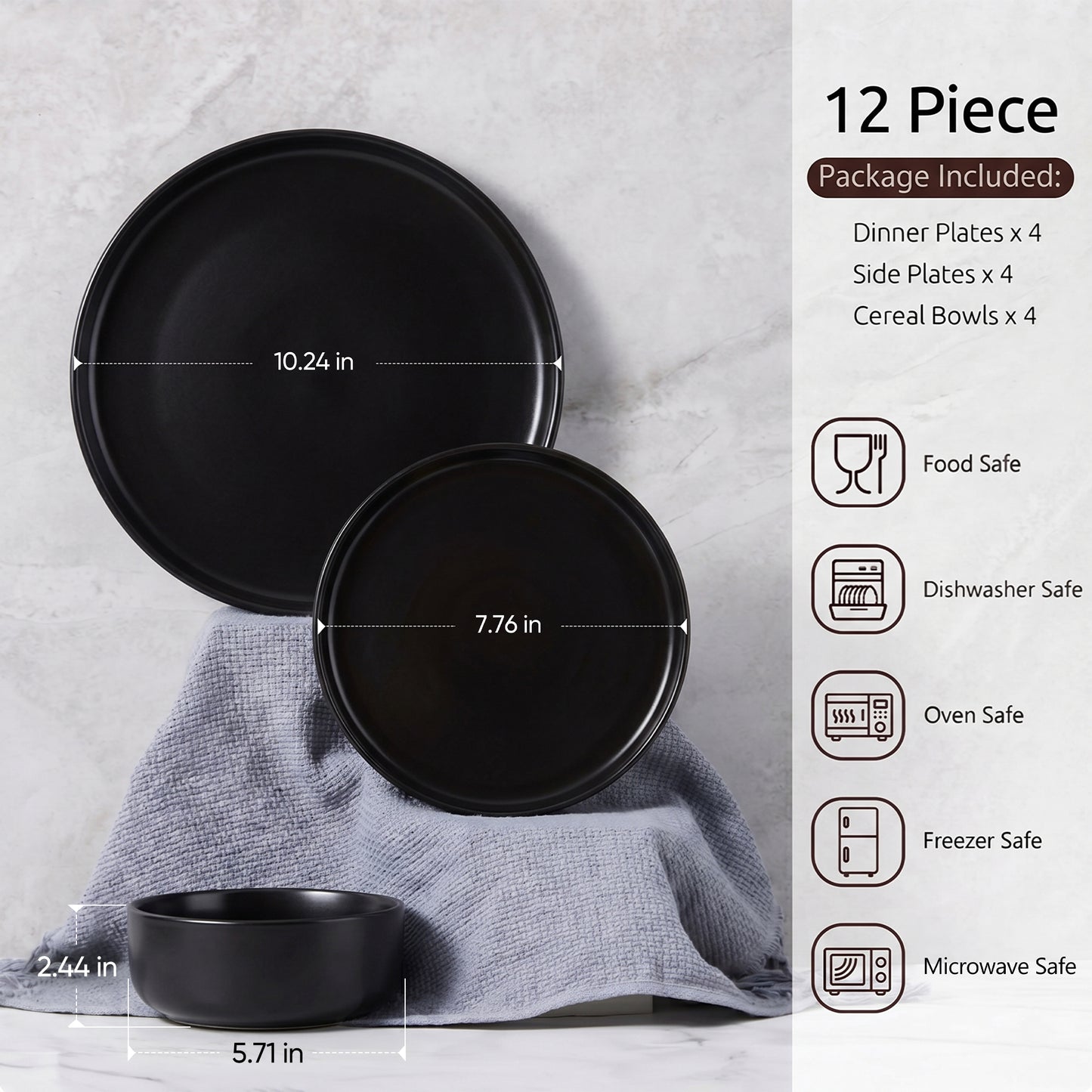 Onader 12 Piece Dinnerware Sets, Plates and Bowls Set for 4, Premium Stoneware Dishes Sets for Home Restaurant, Dishwasher & Microwave Safe - Matte Black