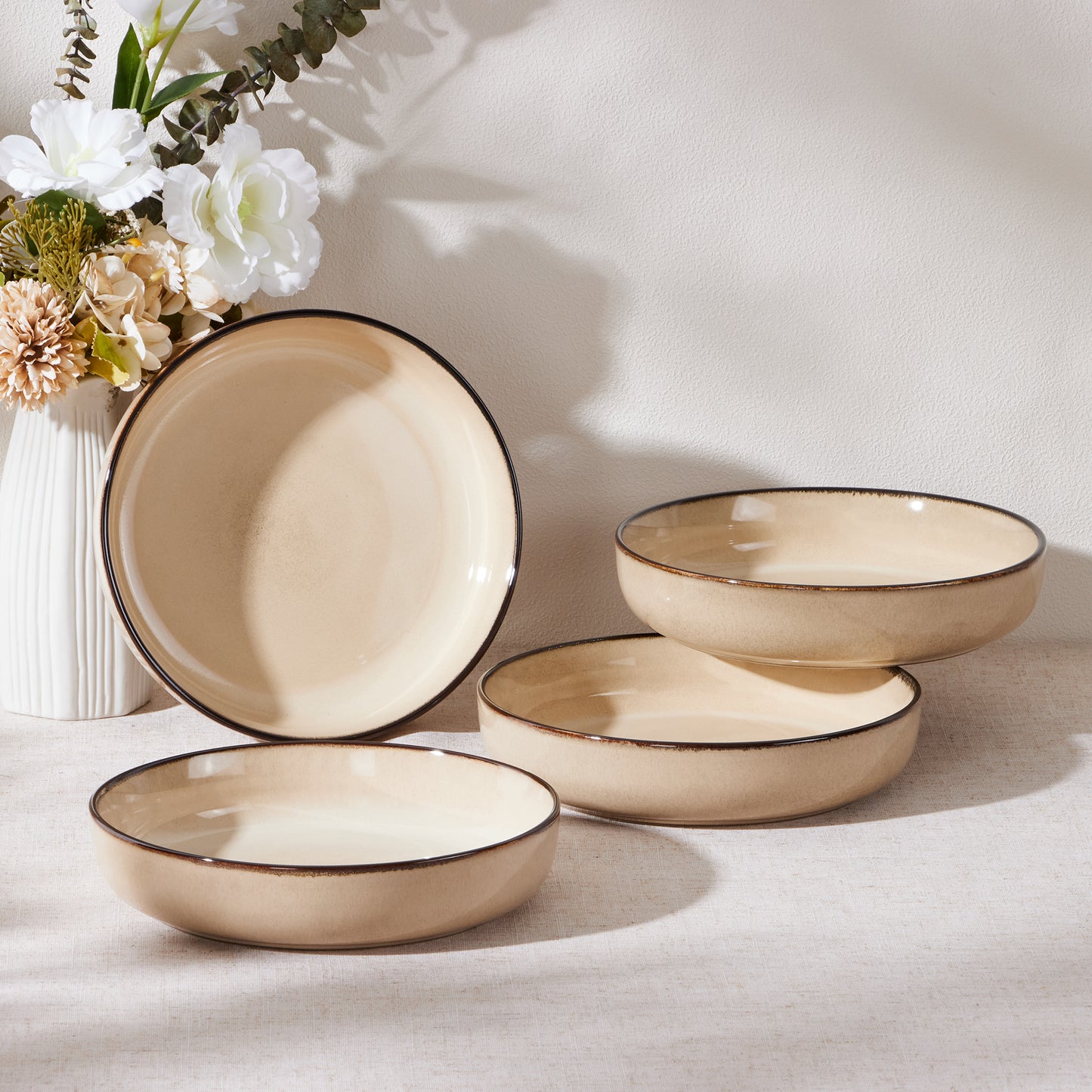 Vesteel Pasta Bowl Set of 4, 22oz Stoneware Salad Pasta Serving Bowls for Soup Dinner Cereal, Microwave & Dishwasher Safe, Khaki