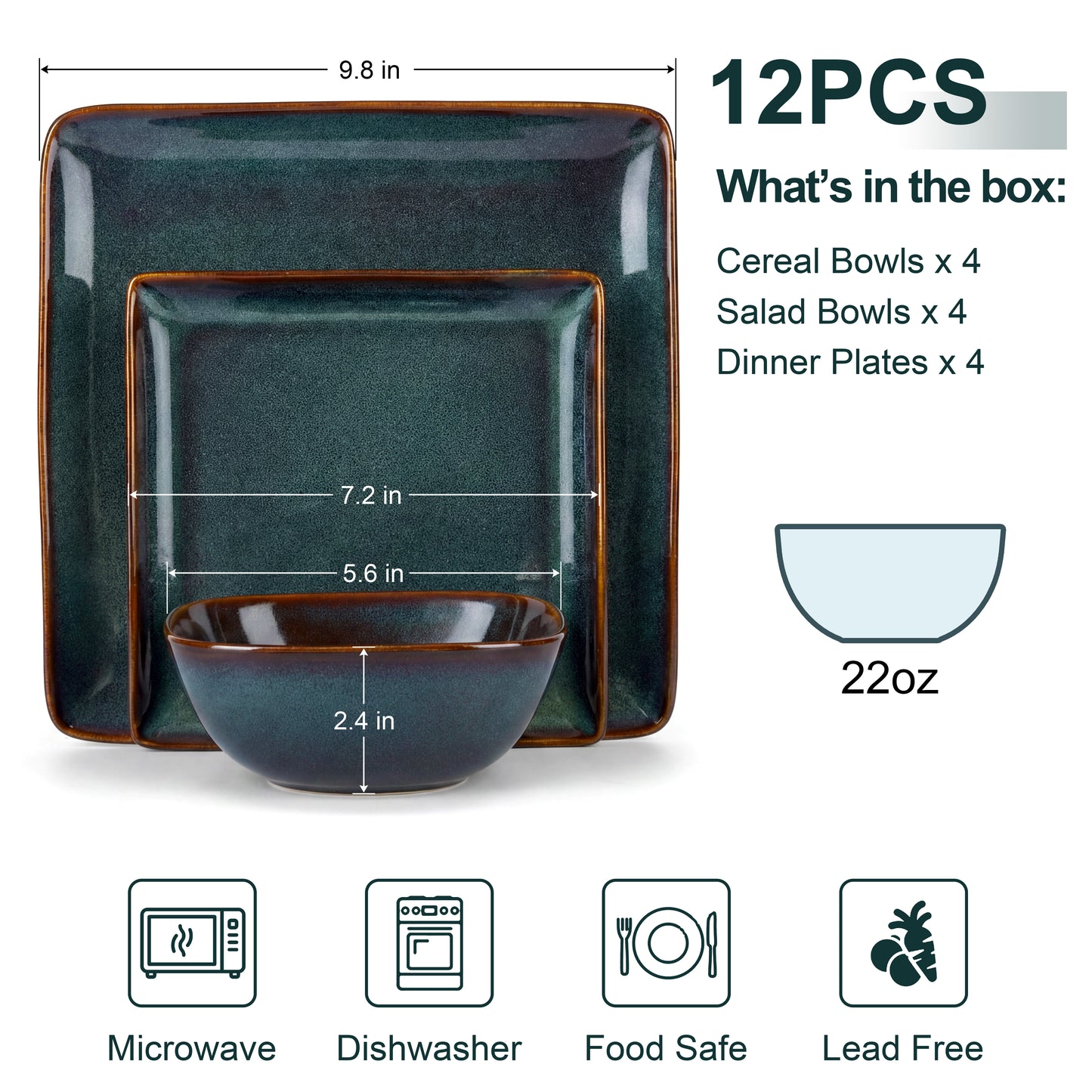 Vesteel Dinnerware Sets for 4, 12-Piece Stoneware Dish and Bowls Set, Handmade Reactive Glaze Coupe Plates Set for Family, Chip & Scratch Resistant - Forest Green