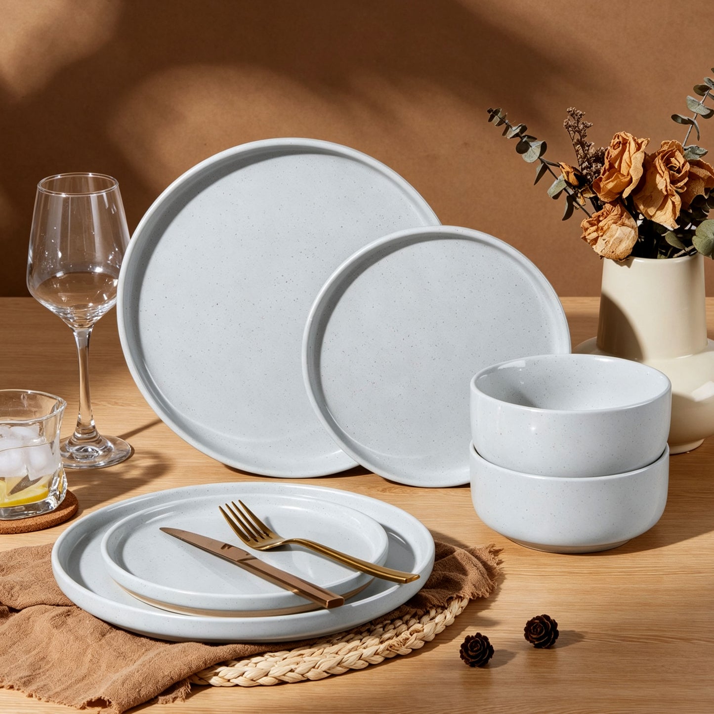 Vesteel Stoneware Dinnerware Sets for 2, 6 Pieces Ceramic Plates and Bowls Sets, Elegant Dishes with Rustic Terracotta Base, Dishwasher & Microwave Safe, Scratch Resistant, Light Gray
