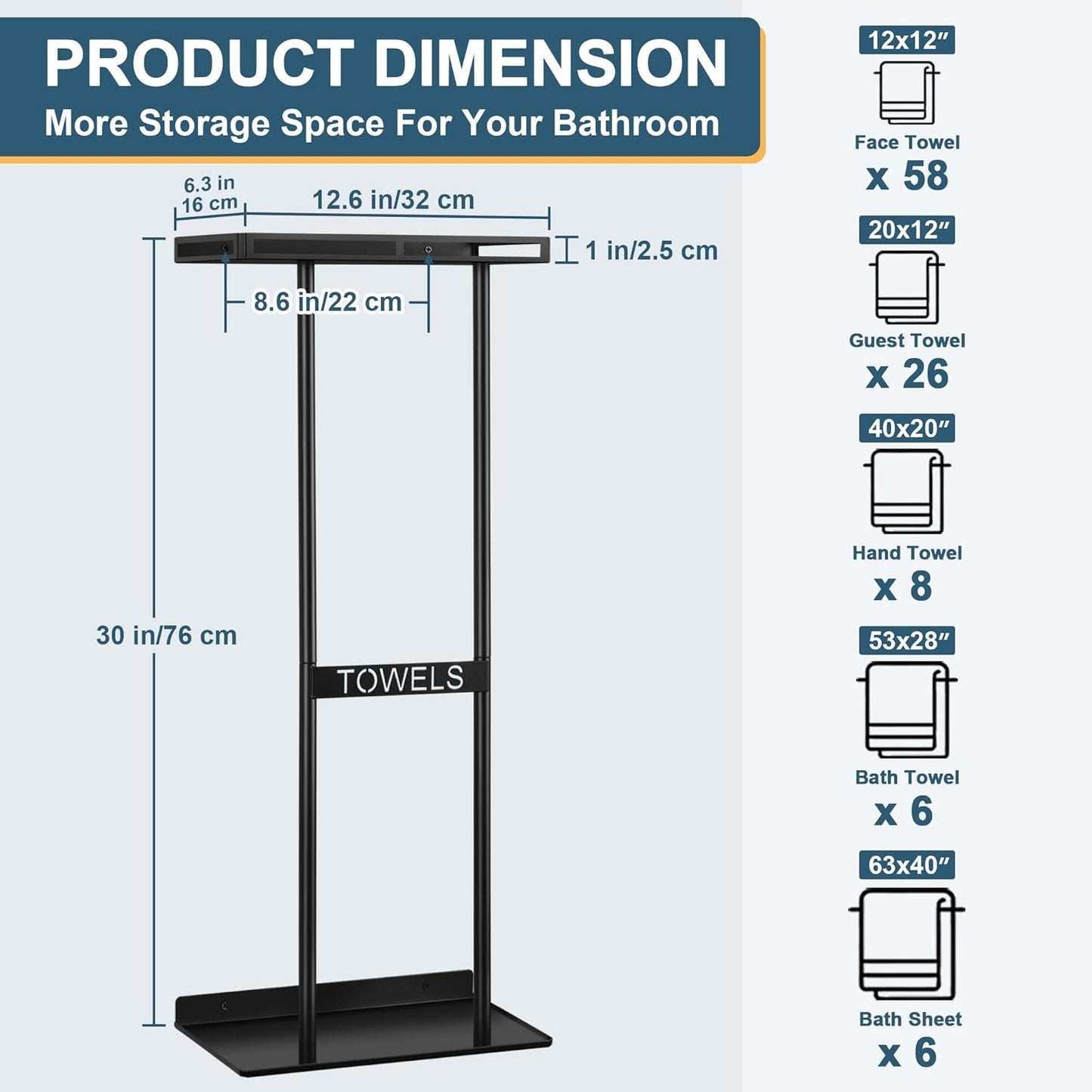 Vesteel Towel Racks for Bathroom, Wall Mounted Metal Black Towel Holder, 30 Inch Bath Rack Storage Organizer for Rolled Towels, Vertical Rack with Shelf Hold Up 6 Large Bath Towel for Small Bathroom