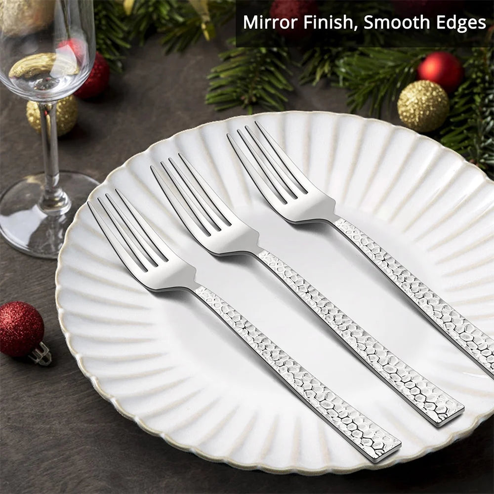 VeSteel 12-Piece Stainless Steel Hammered Dinner Forks Set, Salad Flatware Forks for Home - 7.9 inches