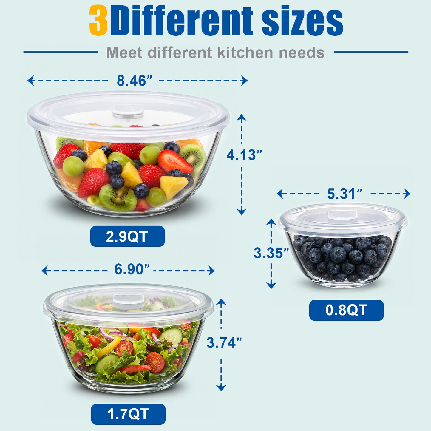 Vesteel 3Pcs Glass Mixing Bowls with Lids Set (0.8QT, 1.7QT, 2.9QT), Nesting Kitchen Salad Bowls with Airtight Vent Lid for Cooking Baking Prepping, Dishwasher, Microwave & Freezer Safe