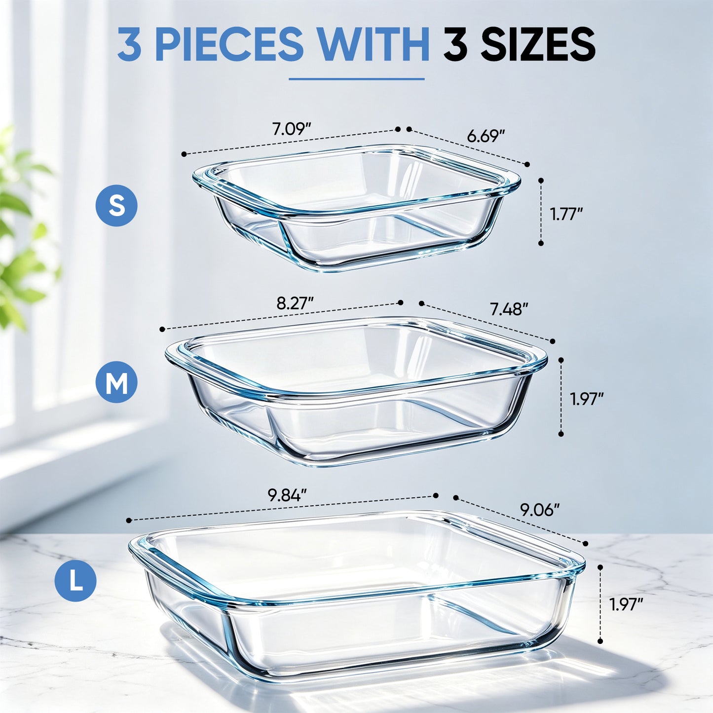 Vesteel 3-Piece Glass Baking Dish Set, Square Baking Tray with Handles, Non-Stick Glass Bakeware Set Kitchen Casserole Dishes for Prepping and Baking, Heat-Resistant & Oven Freezer Dishwasher Safe