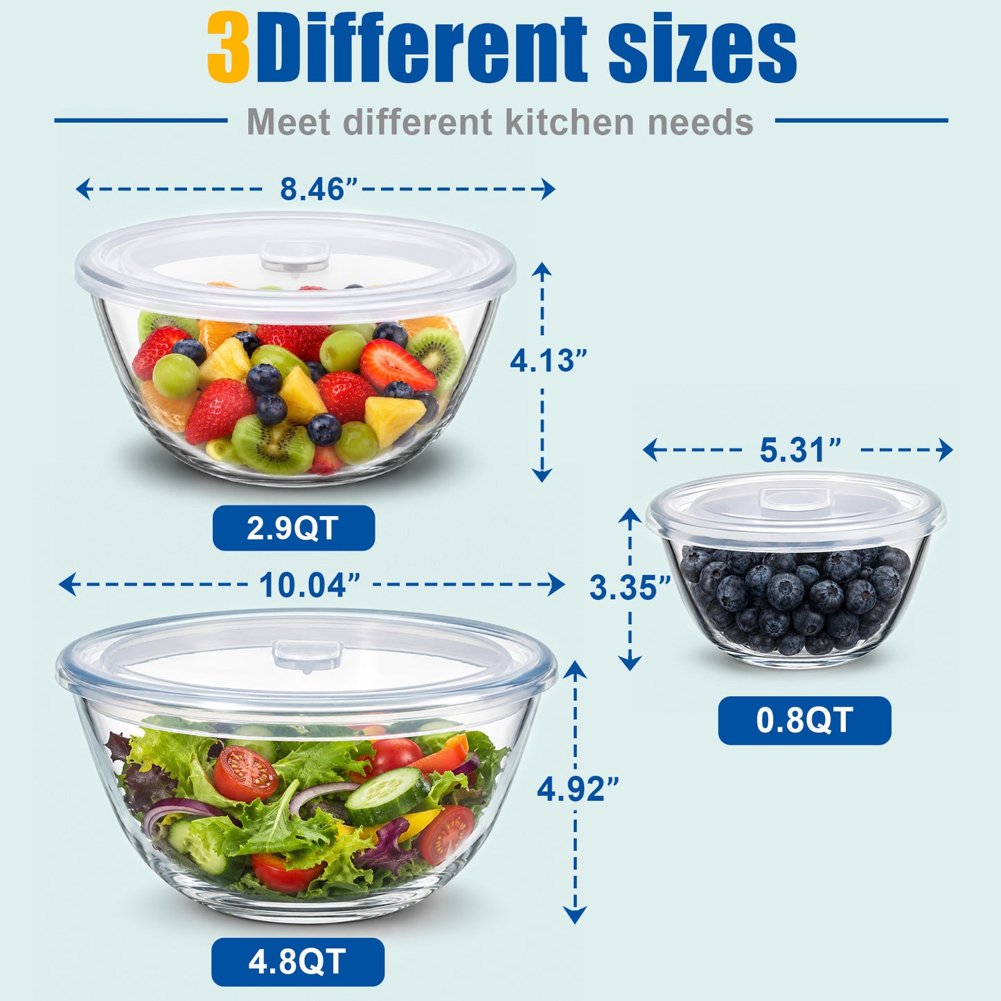 Vesteel 3Pcs Glass Mixing Bowls with Lids Set (0.8QT, 2.9QT, 4.8QT), Nesting Kitchen Salad Bowls with Airtight Vent Lid for Cooking Baking Prepping, Dishwasher, Microwave & Freezer Safe