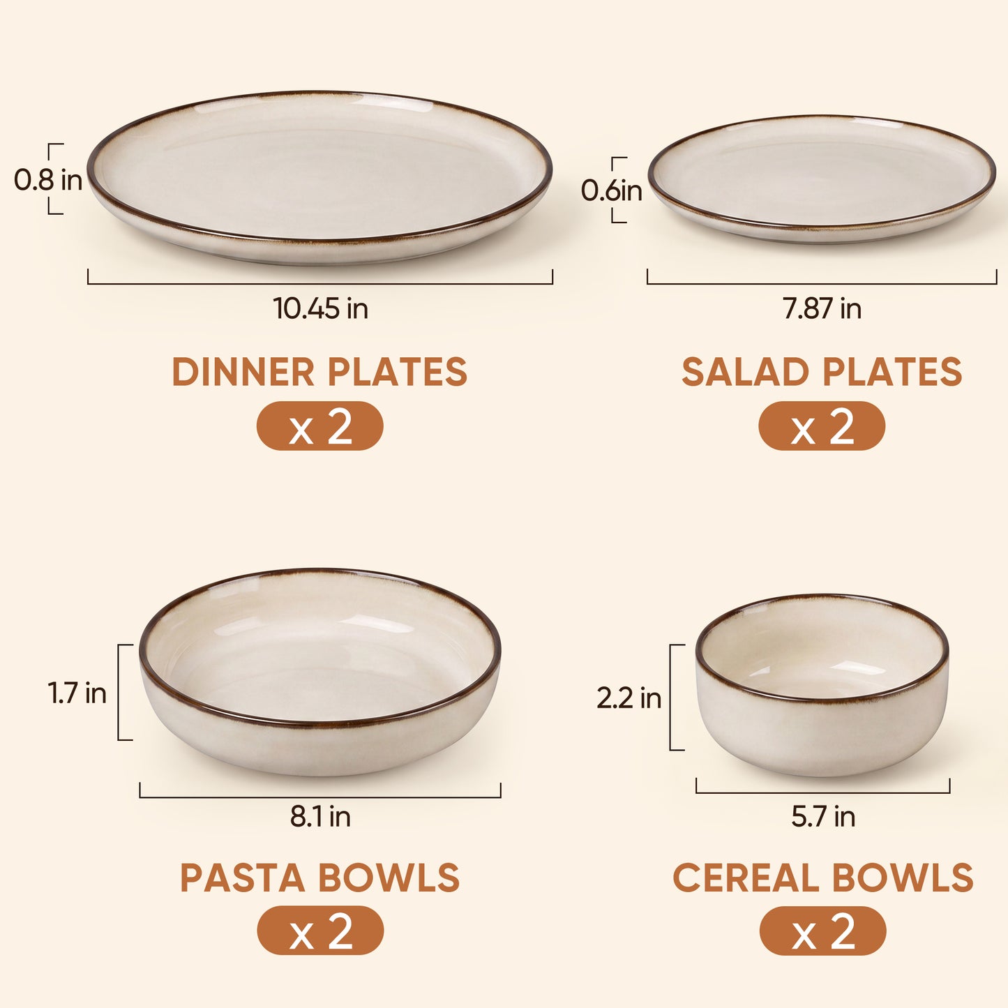 Onader 8-Piece Dinnerware Set, Ceramic Plate and Bowls Set for 2, Double Reactive Glaze Stoneware Dishware for Kitchen Restaurant, Microwave & Dishwasher Safe - Khaki