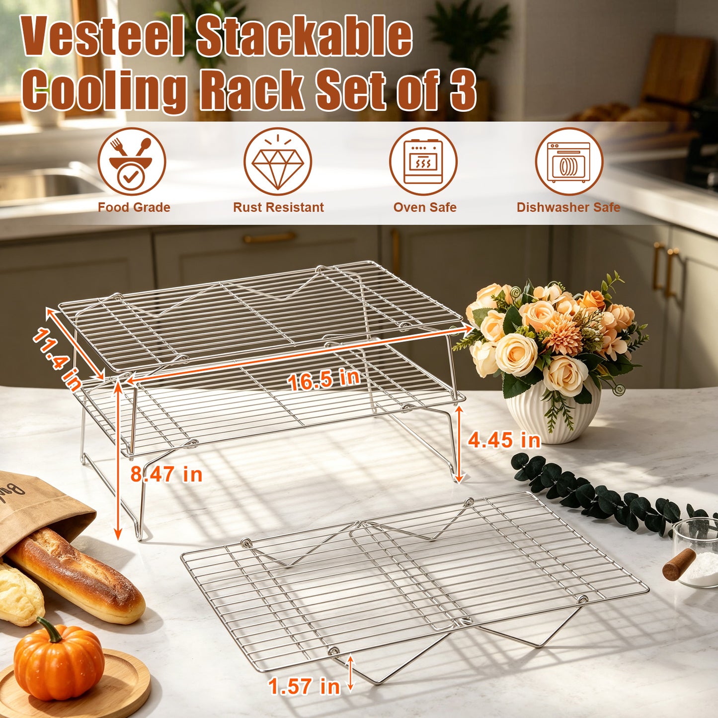 Vesteel 3-Tier Stainless Steel Cooling Racks, Stackable Baking Cooking Racks for Bread Cookie Cakes, Wire Racks with Folding Legs, Oven & Dishwasher Safe, 16.5’’ x 11.4’’