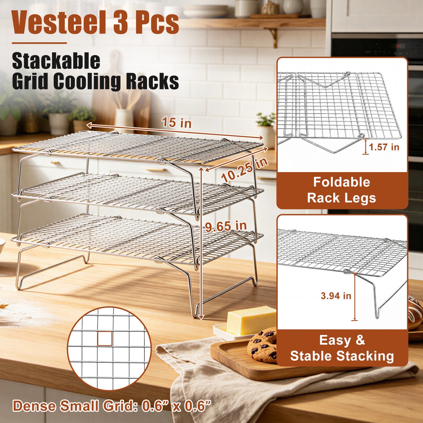 Vesteel 3-Tier Cooling Racks, Stainless Steel Stackable Grid Baking Racks, Collapsible Wire Racks for Cooking Grilling Roasting, Oven & Dishwasher Safe, 15’’ x 10’’