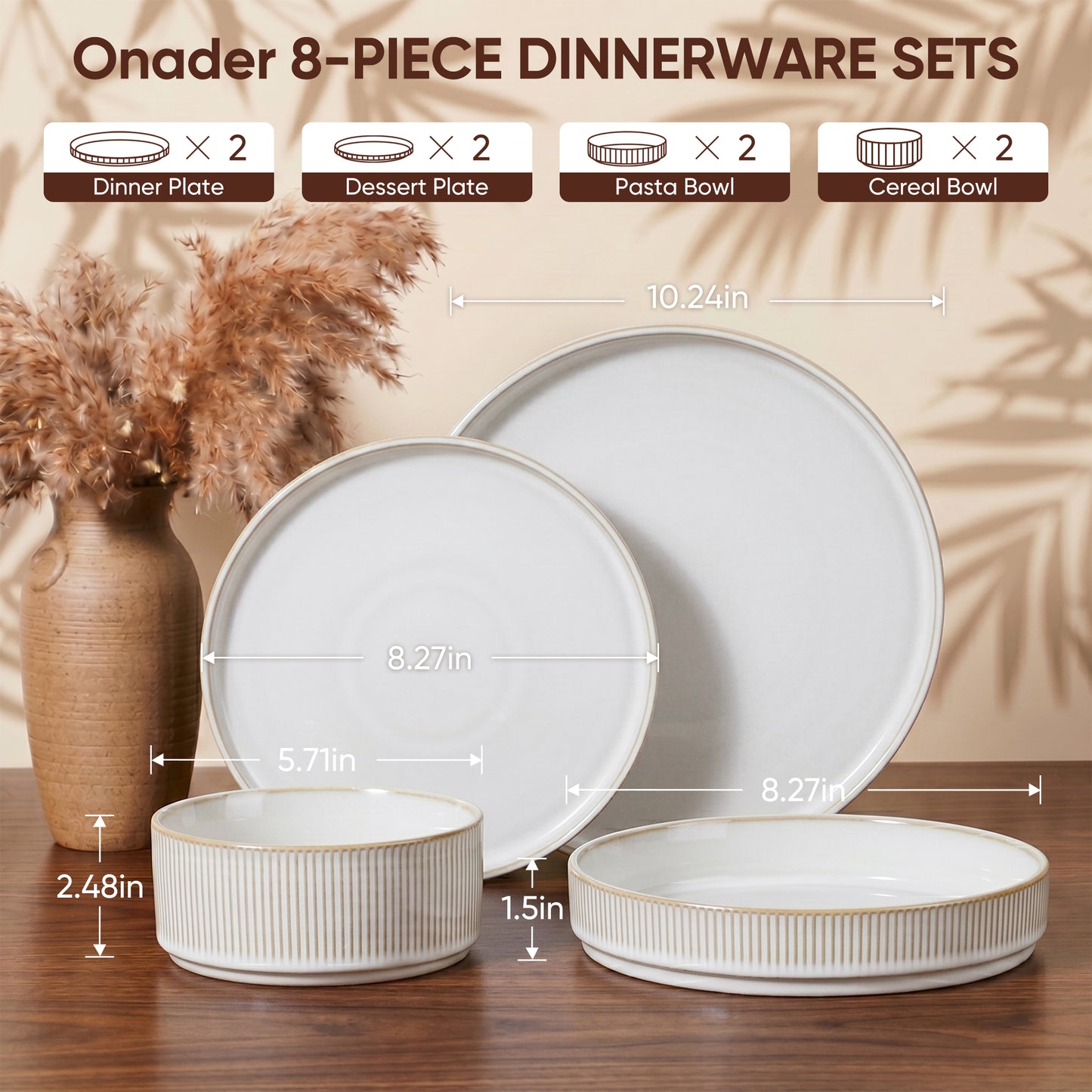 Onader 8-Piece Stoneware Dinnerware Set, Vertical Striped Reactive Glaze Plates and Bowls Sets for the Kitchen, Microwave & Dishwasher Safe, Beige