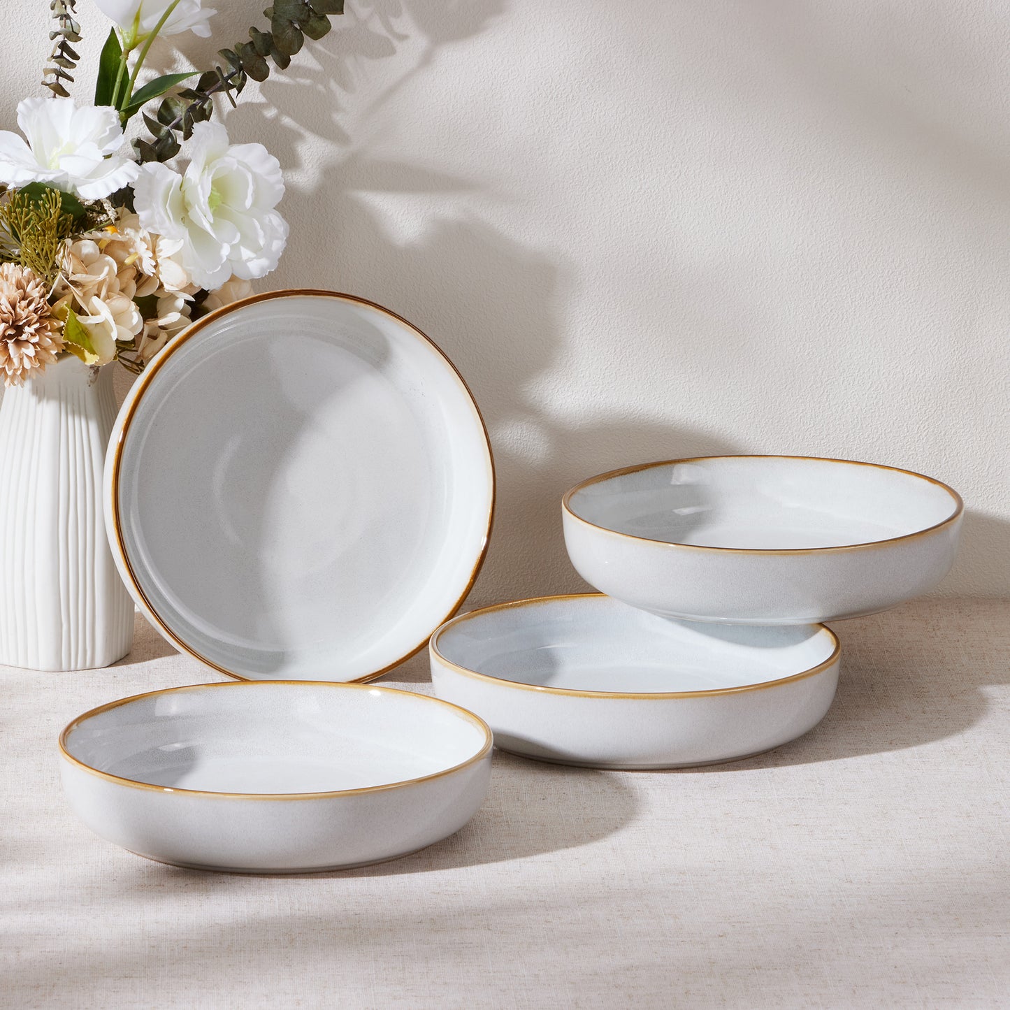 Vesteel Pasta Bowl Set of 4, 22oz Stoneware Salad Pasta Serving Bowls for Soup Dinner Cereal, Microwave & Dishwasher Safe, Seashell White